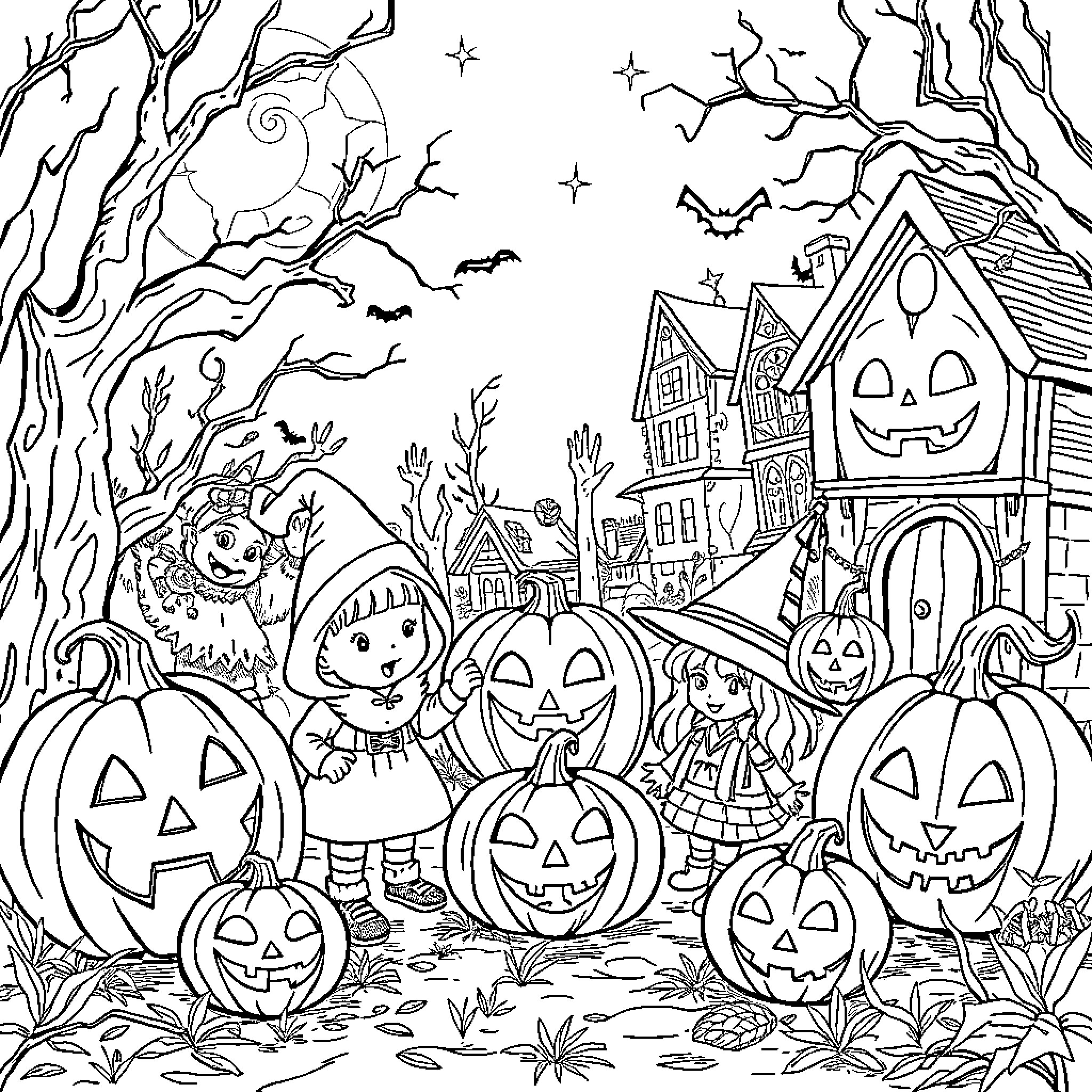 Halloween Festivities in a Haunted Neighborhood Coloring Page (free black-and-white line drawing printable PDF for all, from beginners to advanced learners, including children, teens, adults, and seniors)