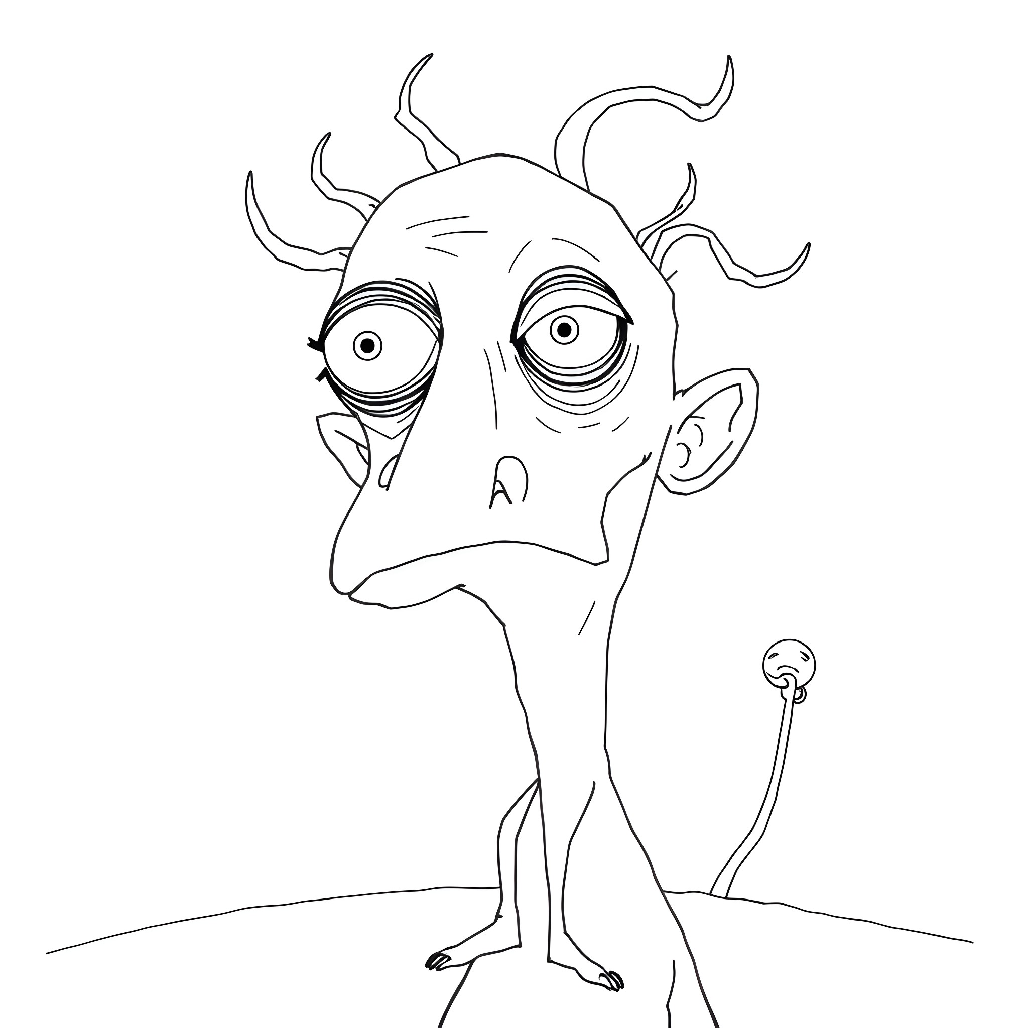 Goat-like creature with large eyes and horns Coloring Page (free black-and-white line drawing printable PDF for all, from beginners to advanced learners, including children, teens, adults, and seniors)