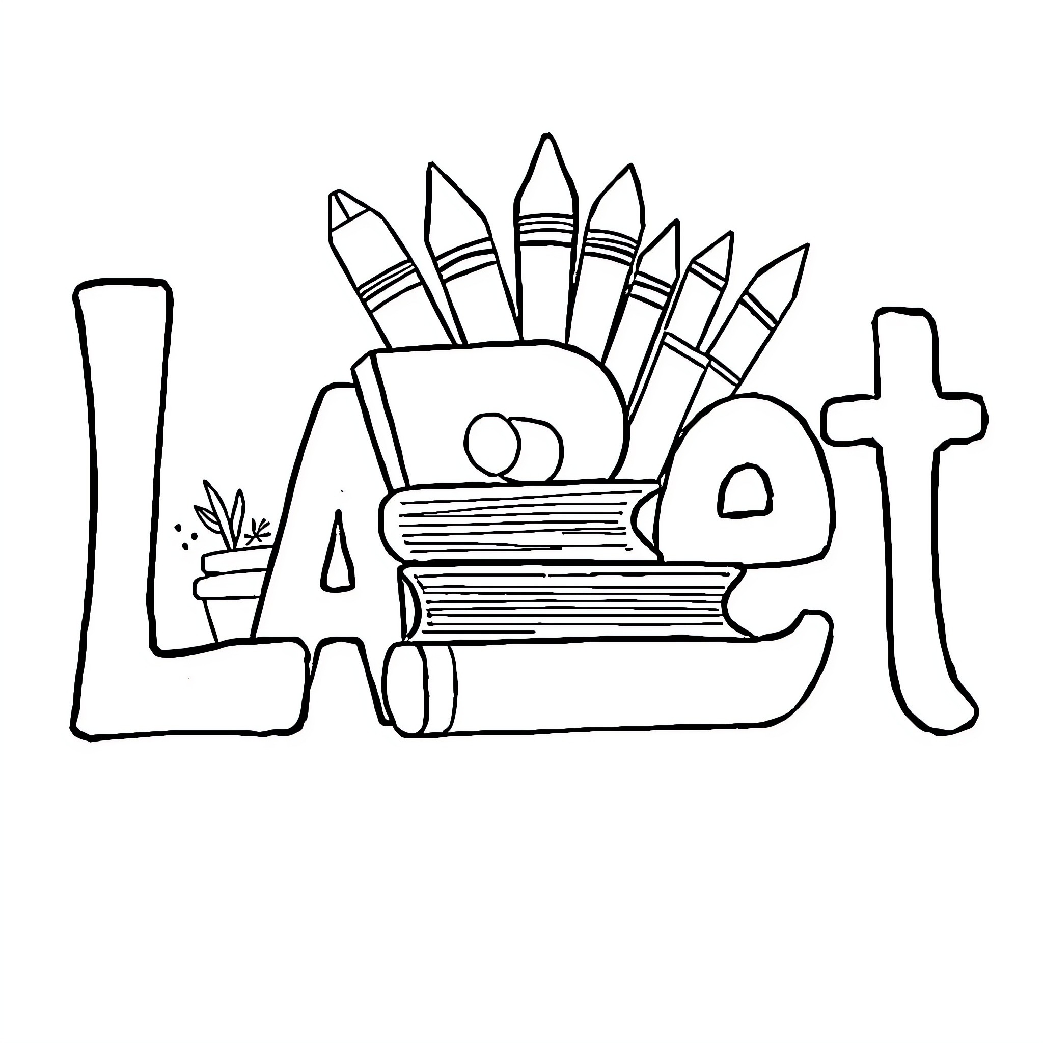 Alphabet School Supplies and Books Arrangement Coloring Page (free black-and-white line drawing printable PDF for all, from beginners to advanced learners, including children, teens, adults, and seniors)