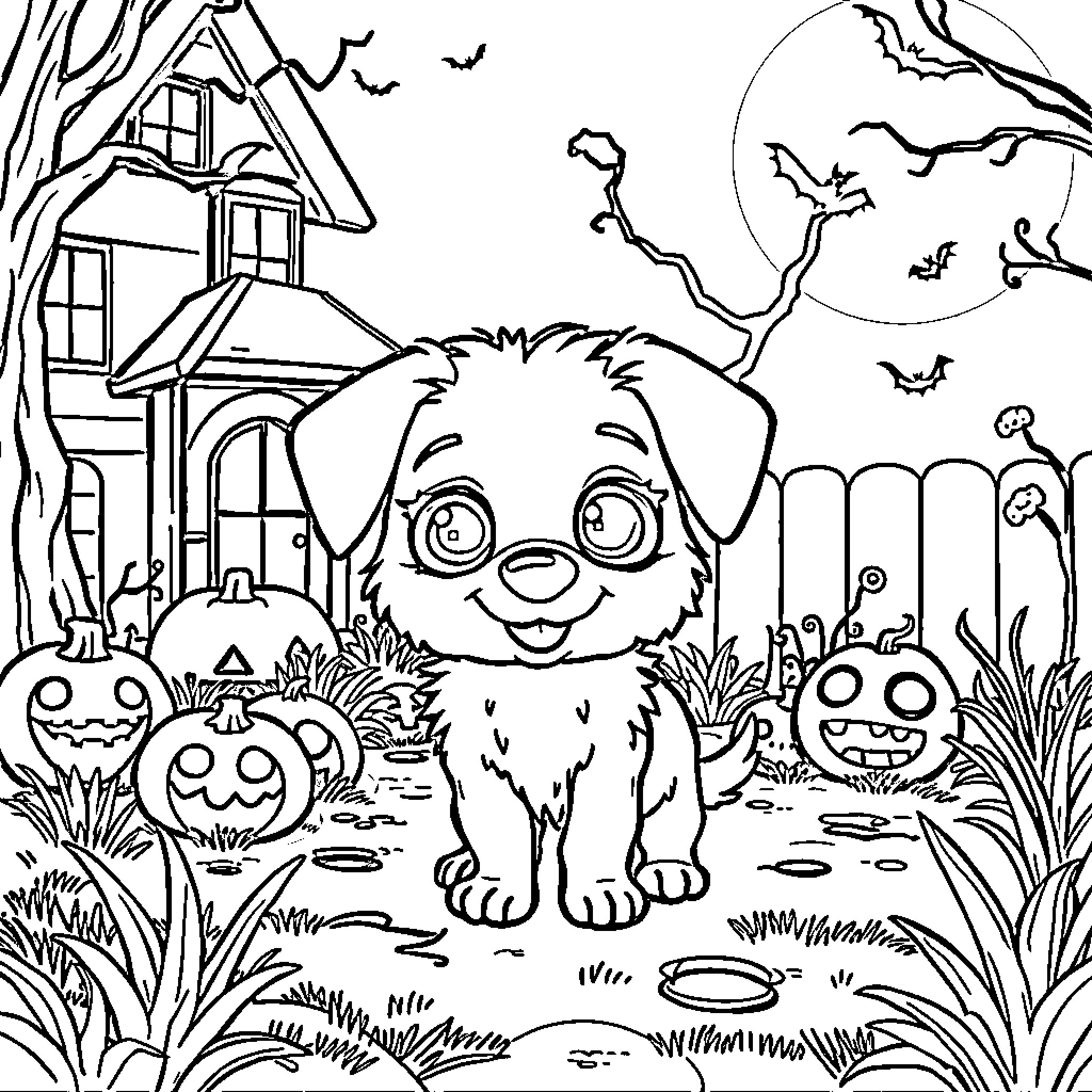 Sparky's Spooky Halloween Adventure Coloring Page (free black-and-white line drawing printable PDF for all, from beginners to advanced learners, including children, teens, adults, and seniors)