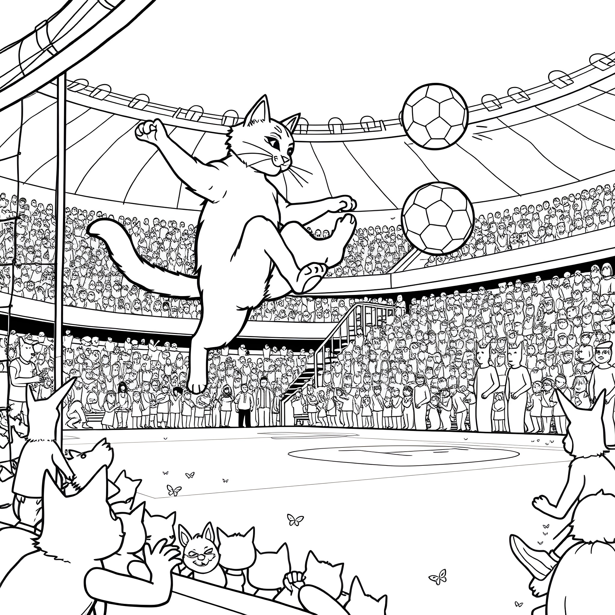 Cat playing soccer in a stadium Coloring Page (free black-and-white line drawing printable PDF for all, from beginners to advanced learners, including children, teens, adults, and seniors)