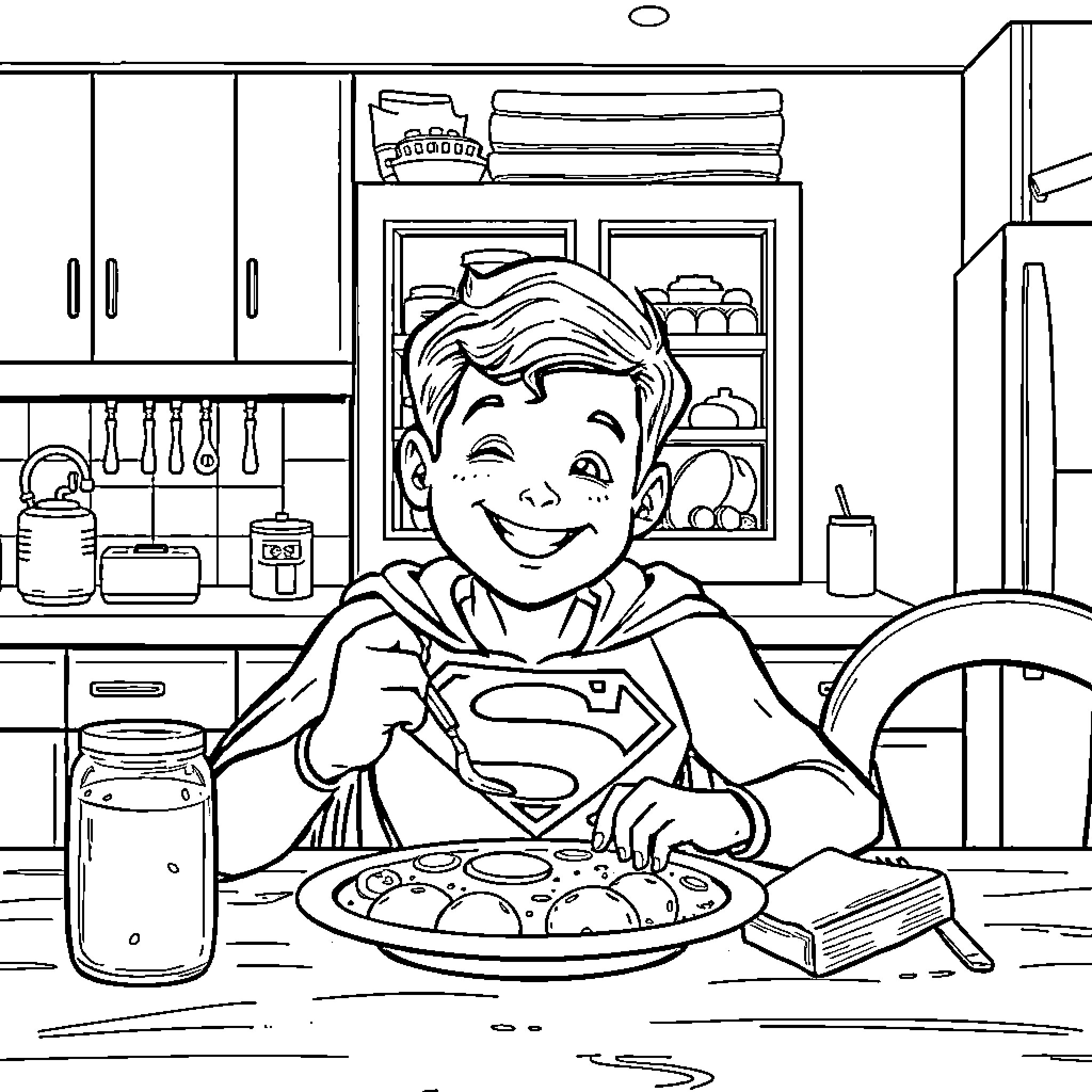 Superman enjoying a hearty meal in the kitchen Coloring Page (free black-and-white line drawing printable PDF for all, from beginners to advanced learners, including children, teens, adults, and seniors)
