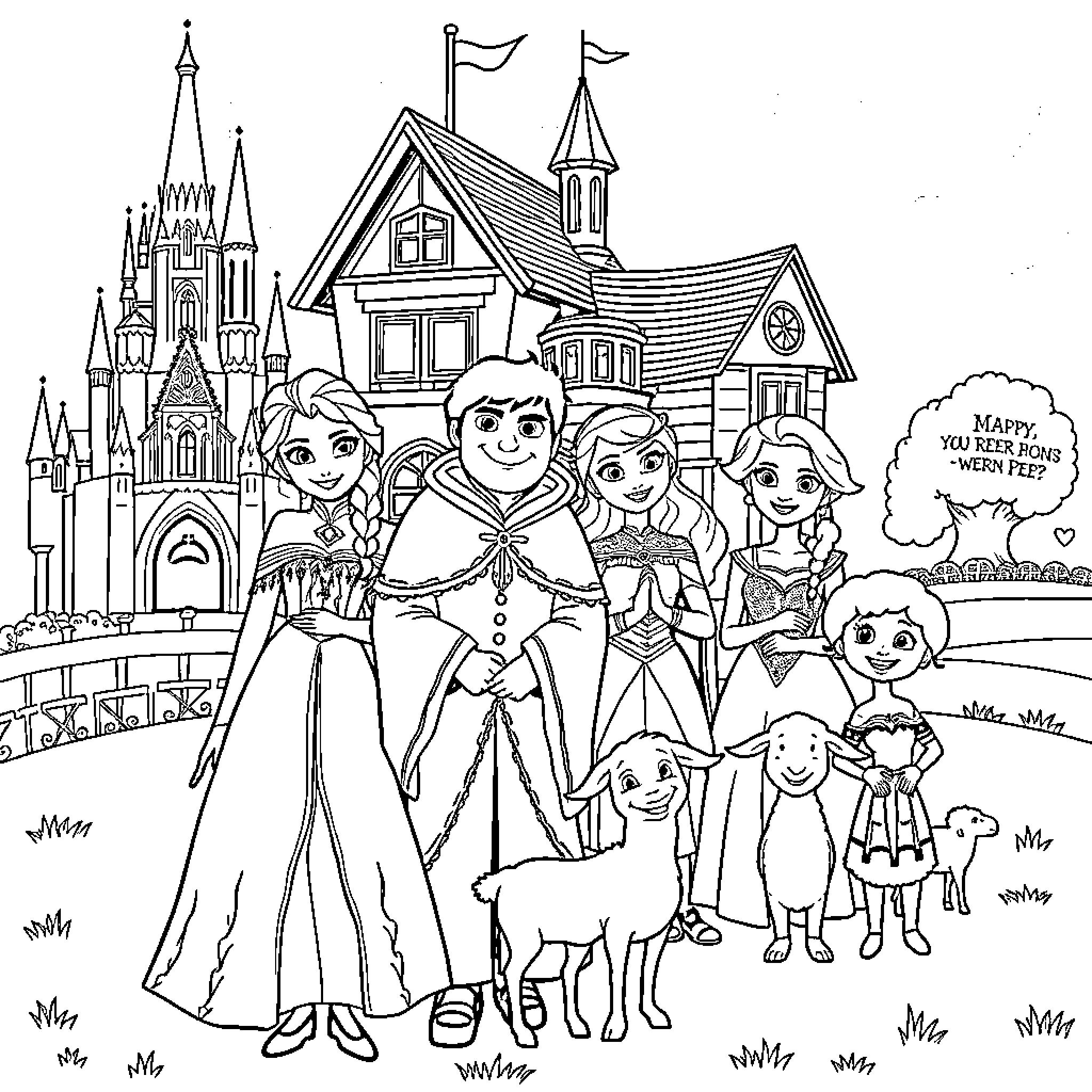 Character Group Posed in Front of Fairytale Castle Coloring Page (free black-and-white line drawing printable PDF for all, from beginners to advanced learners, including children, teens, adults, and seniors)