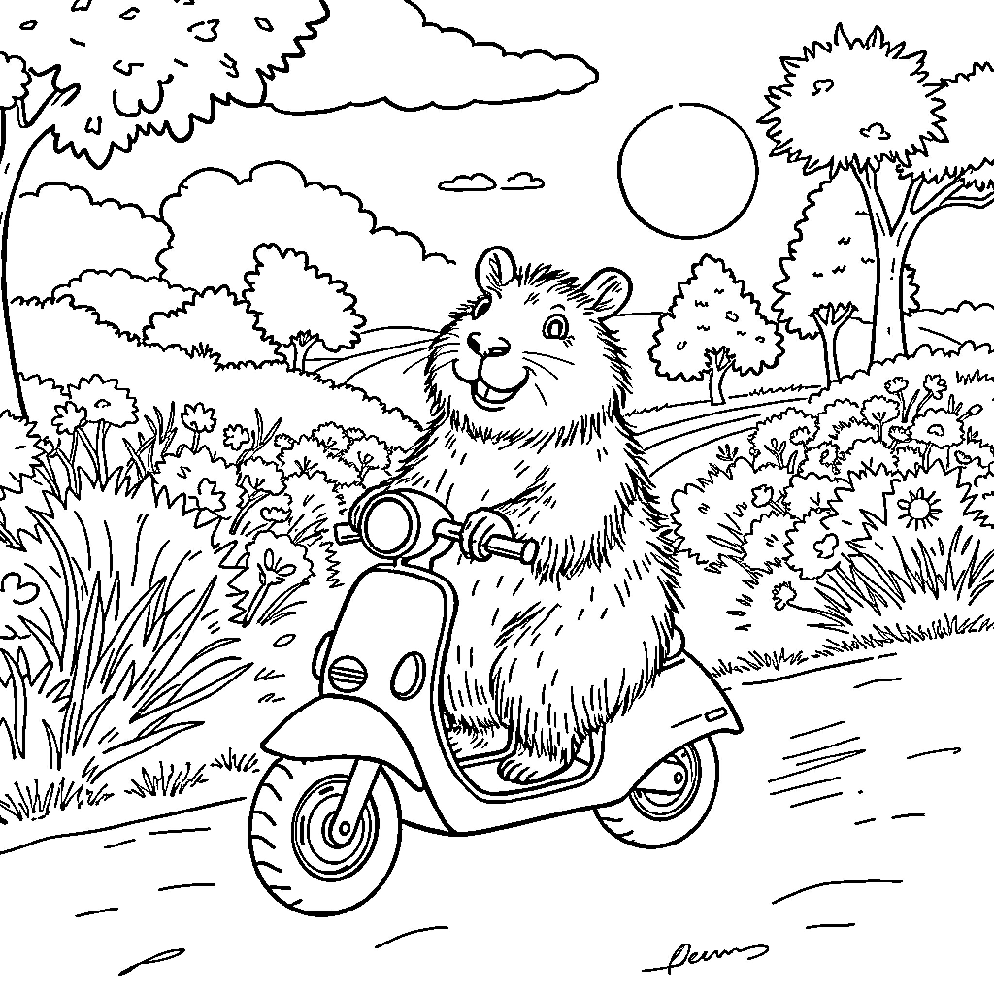 Capybara riding a scooter in a nature scene Coloring Page (free black-and-white line drawing printable PDF for all, from beginners to advanced learners, including children, teens, adults, and seniors)