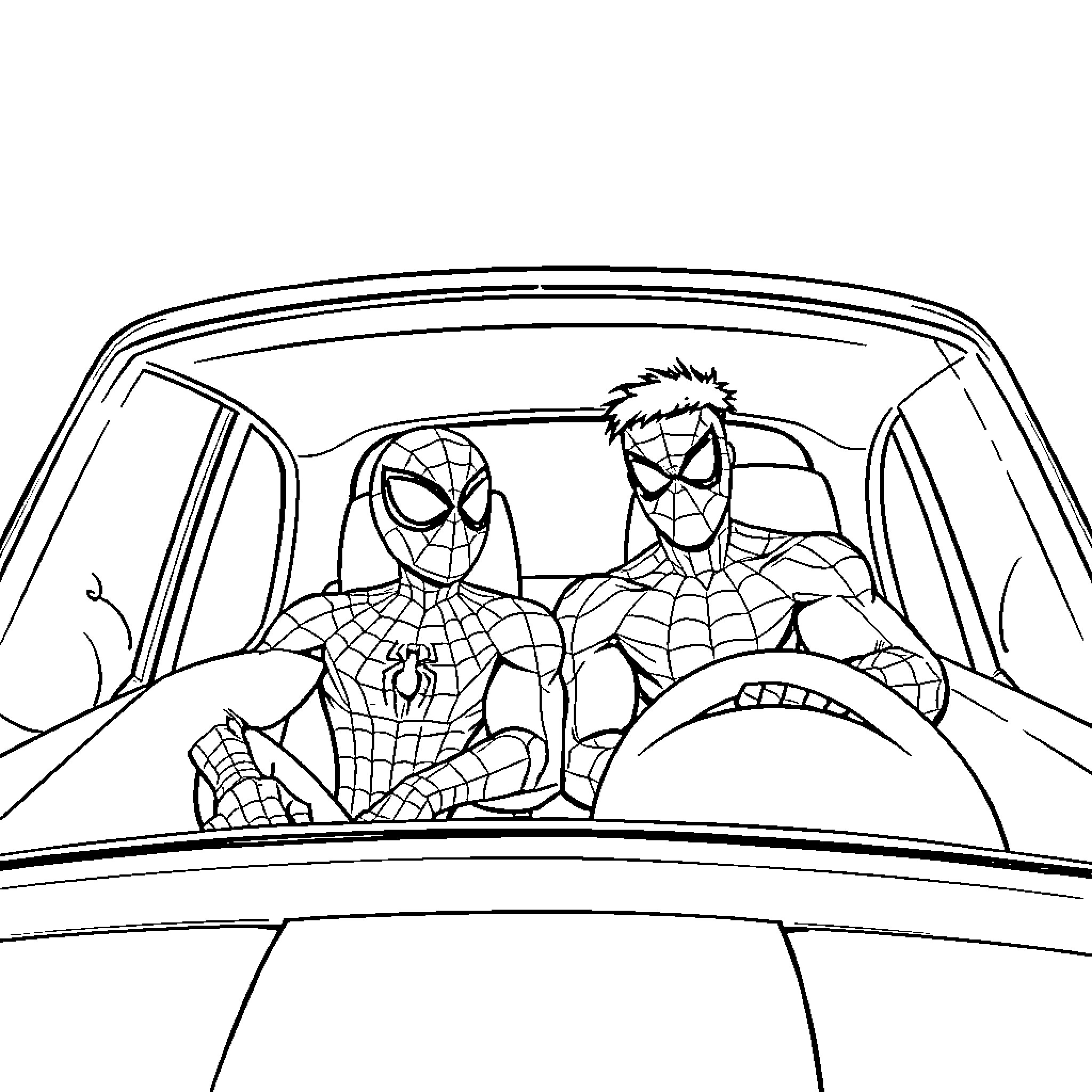 Spider-Man and Spider-Man riding in a car Coloring Page (free black-and-white line drawing printable PDF for all, from beginners to advanced learners, including children, teens, adults, and seniors)