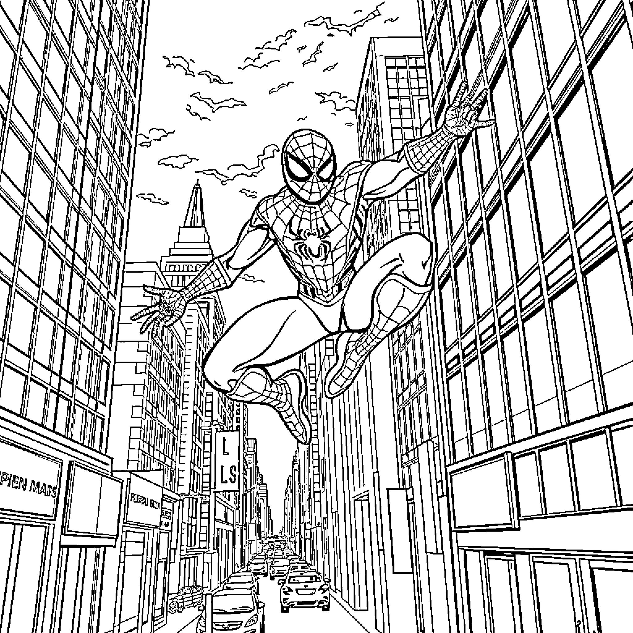 Spider-Man swinging through the city skyline Coloring Page (free black-and-white line drawing printable PDF for all, from beginners to advanced learners, including children, teens, adults, and seniors)