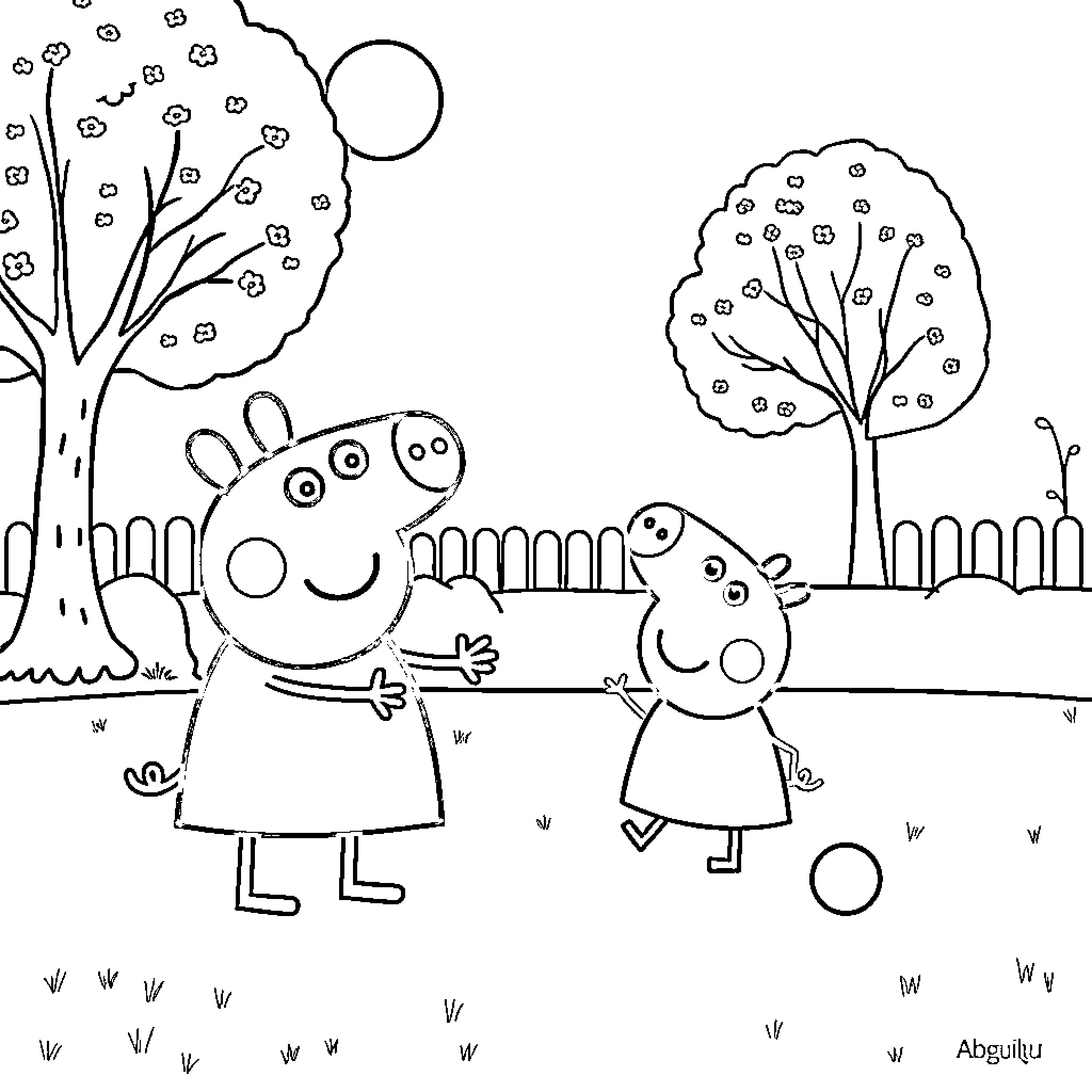 Peppa Pig and friends enjoying a day outdoors Coloring Page (free black-and-white line drawing printable PDF for all, from beginners to advanced learners, including children, teens, adults, and seniors)