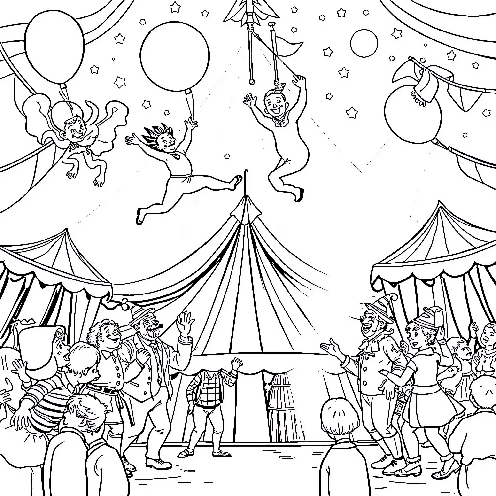 Circus performers entertaining the crowd with acrobatics and balloons Coloring Page (free black-and-white line drawing printable PDF for all, from beginners to advanced learners, including children, teens, adults, and seniors)
