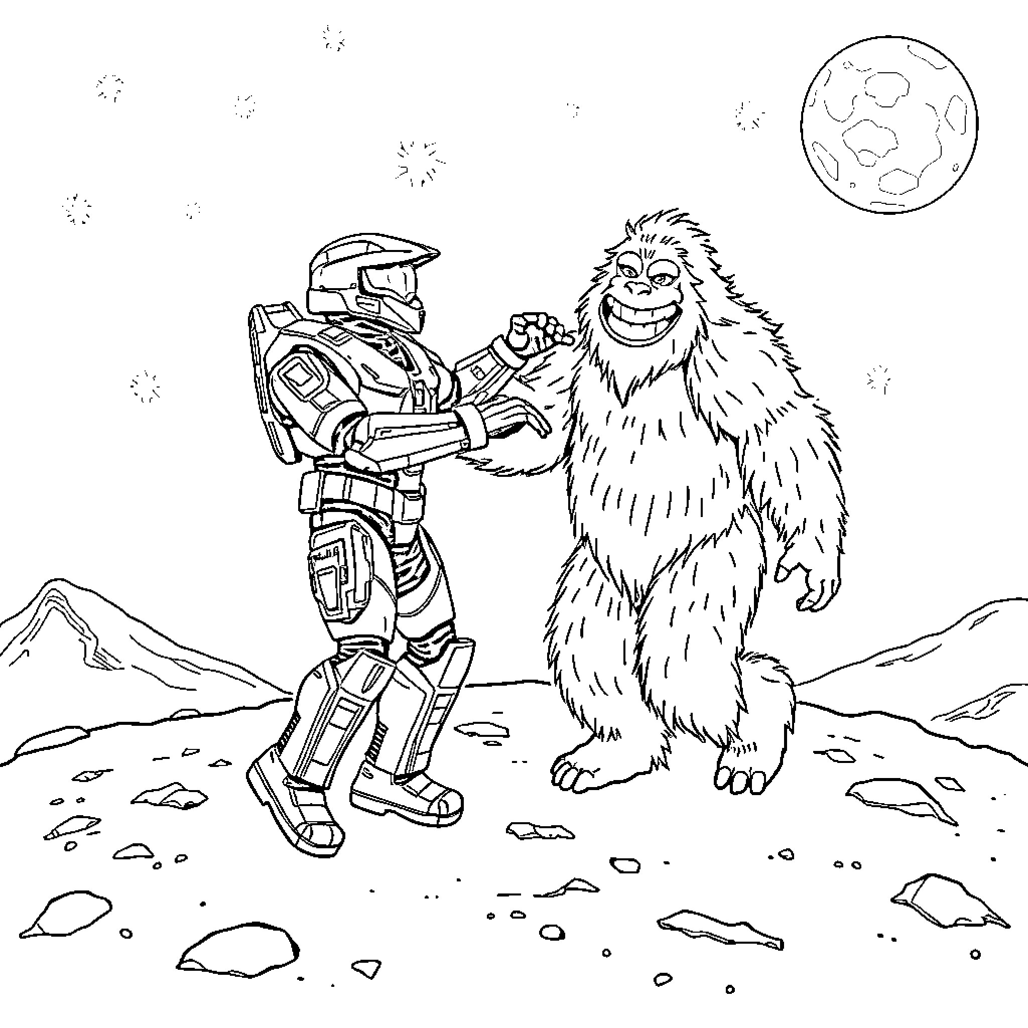 Halo Master Chief encounters an extraterrestrial creature on a distant planet Coloring Page (free black-and-white line drawing printable PDF for all, from beginners to advanced learners, including children, teens, adults, and seniors)
