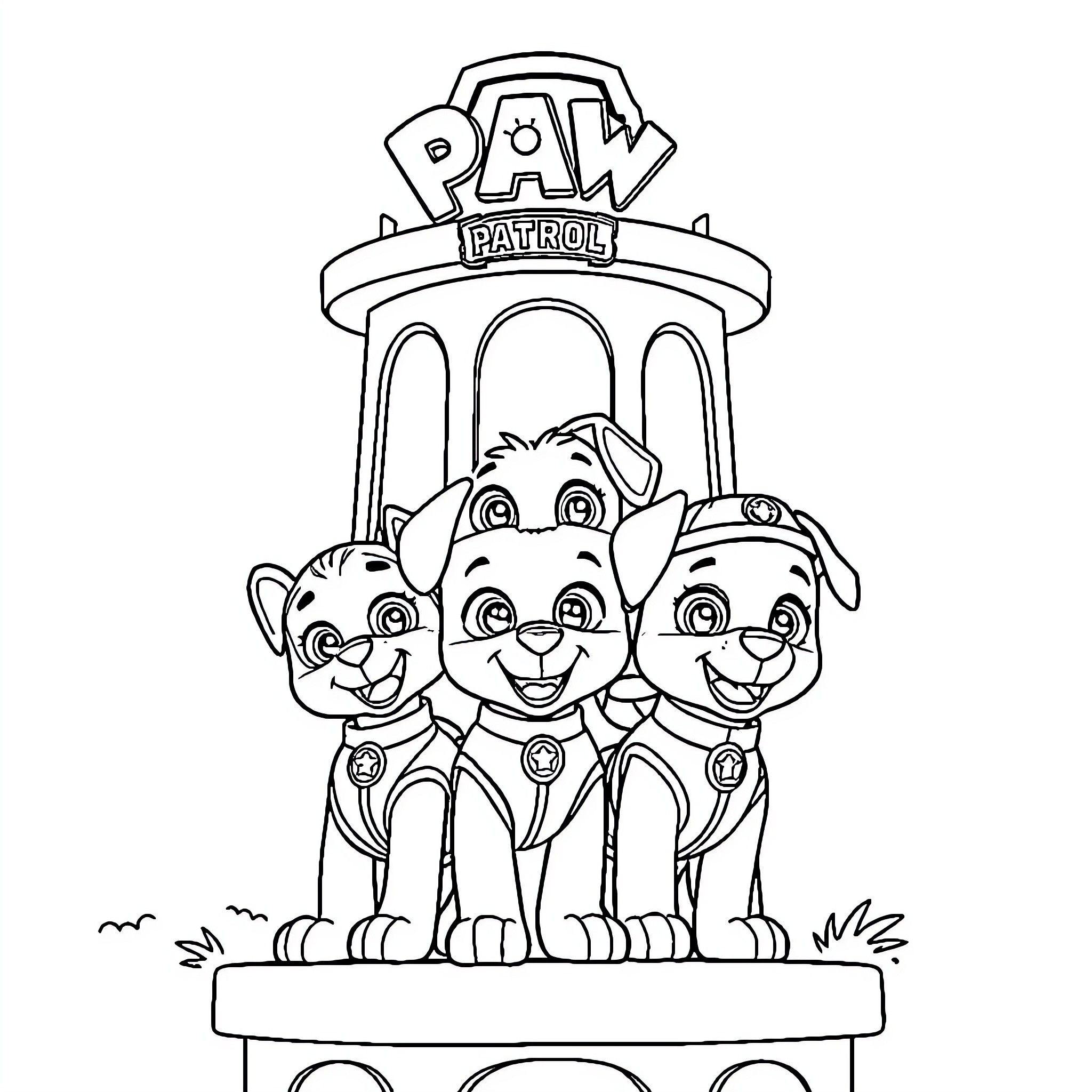 Paw Patrol puppies on duty in front of headquarters Coloring Page (free black-and-white line drawing printable PDF for all, from beginners to advanced learners, including children, teens, adults, and seniors)