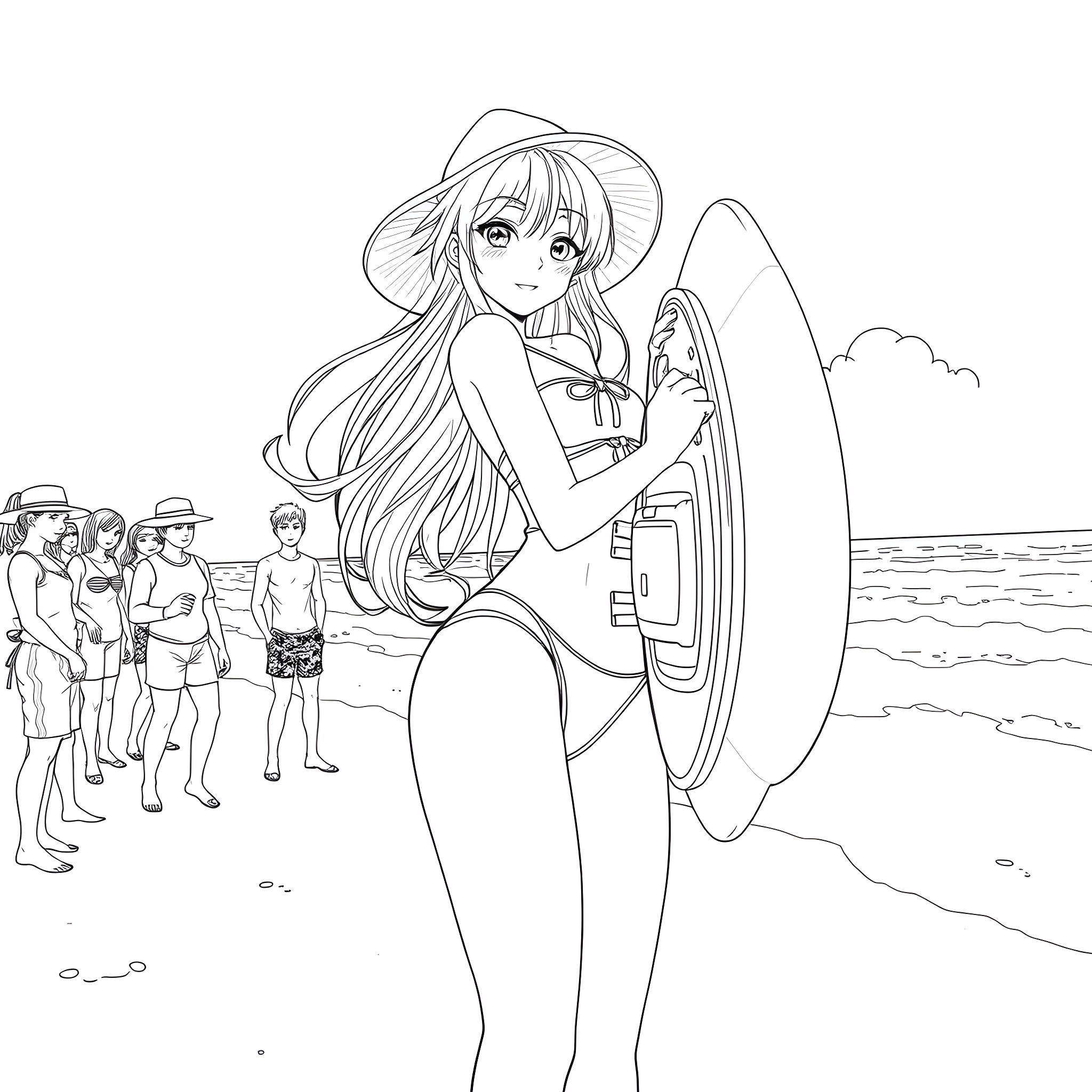 Anime Woman Posing with Surfboard on Beach Coloring Page (free black-and-white line drawing printable PDF for all, from beginners to advanced learners, including children, teens, adults, and seniors)