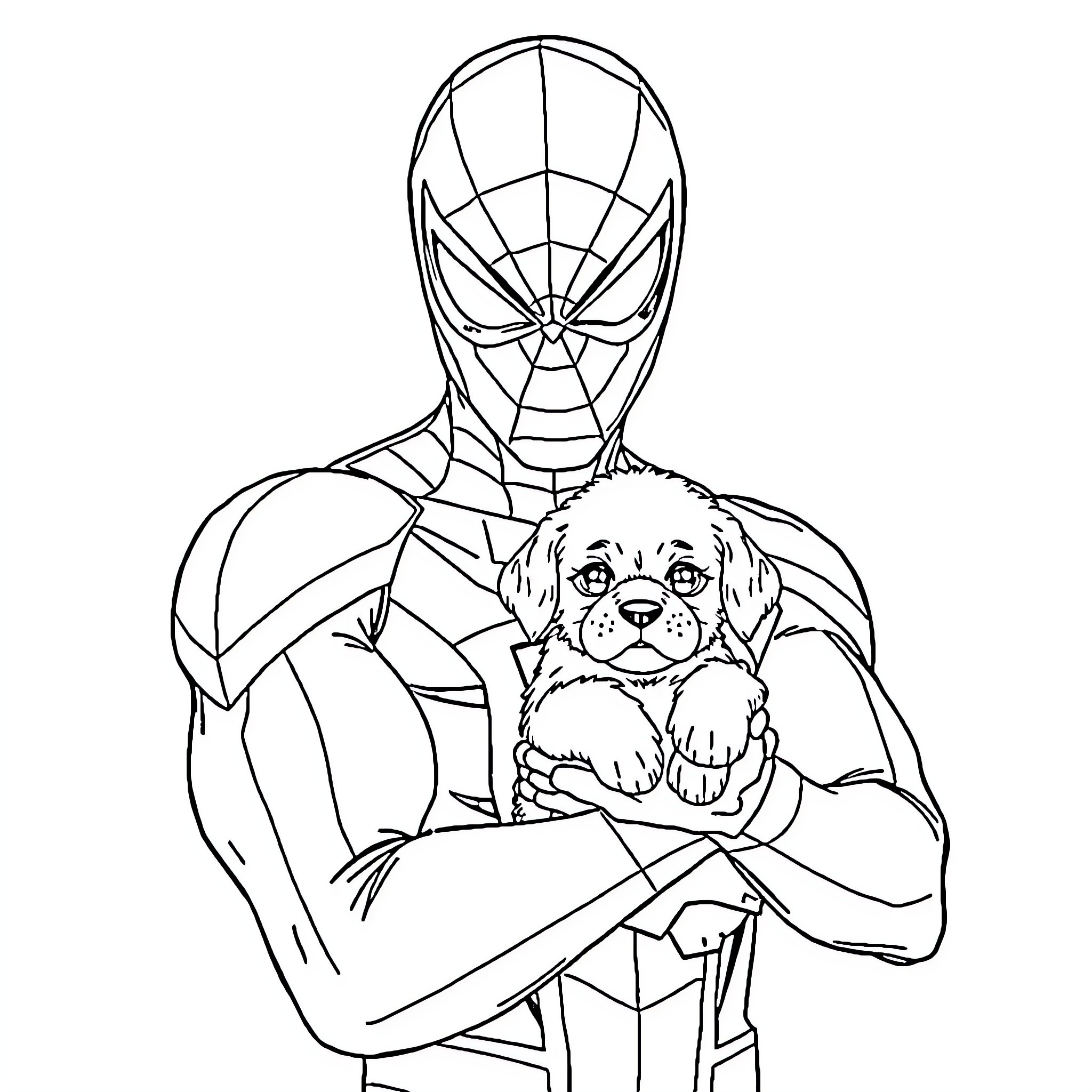 Spiderman holding a puppy with care Coloring Page (free black-and-white line drawing printable PDF for all, from beginners to advanced learners, including children, teens, adults, and seniors)