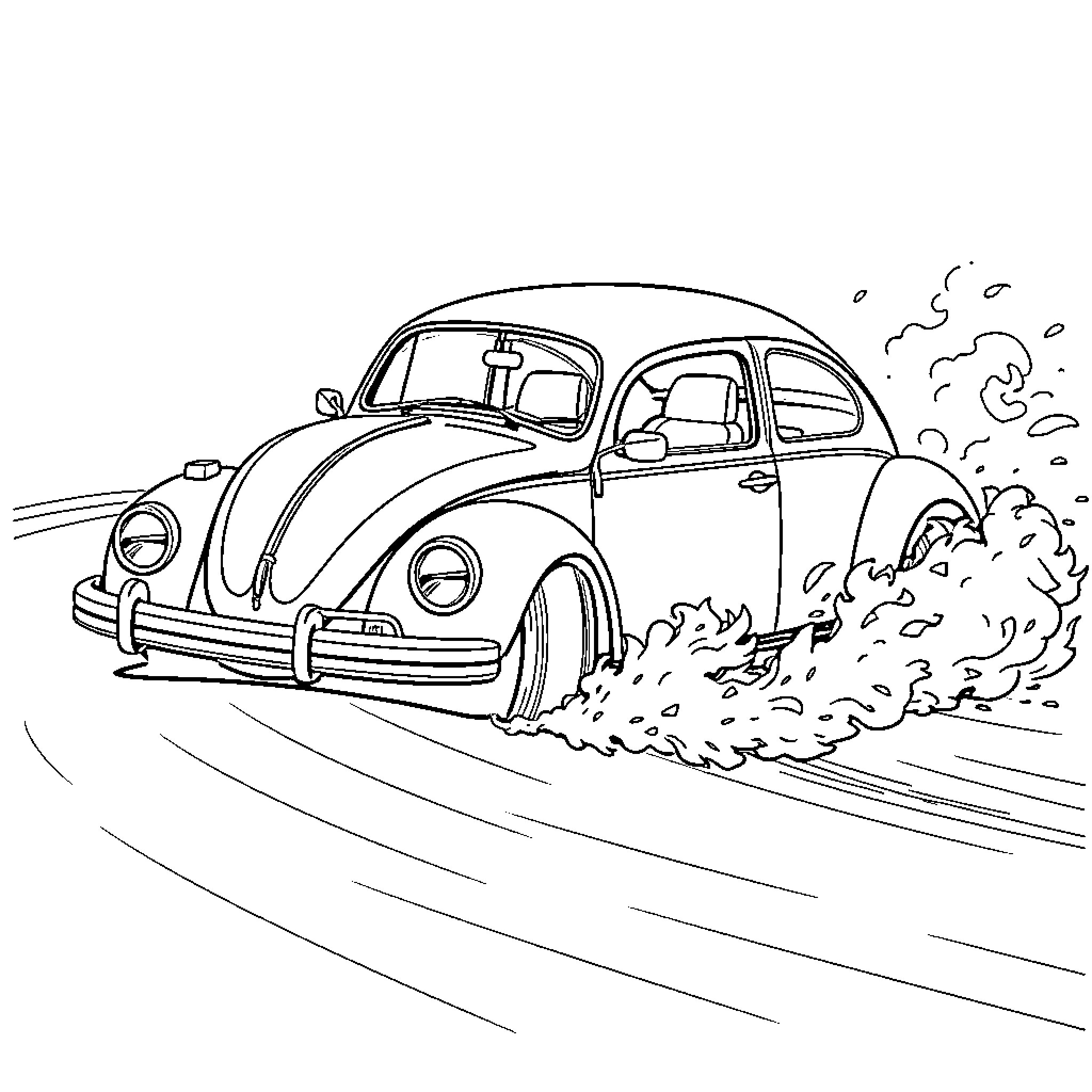 VW Bug racing through the countryside Coloring Page (free black-and-white line drawing printable PDF for all, from beginners to advanced learners, including children, teens, adults, and seniors)
