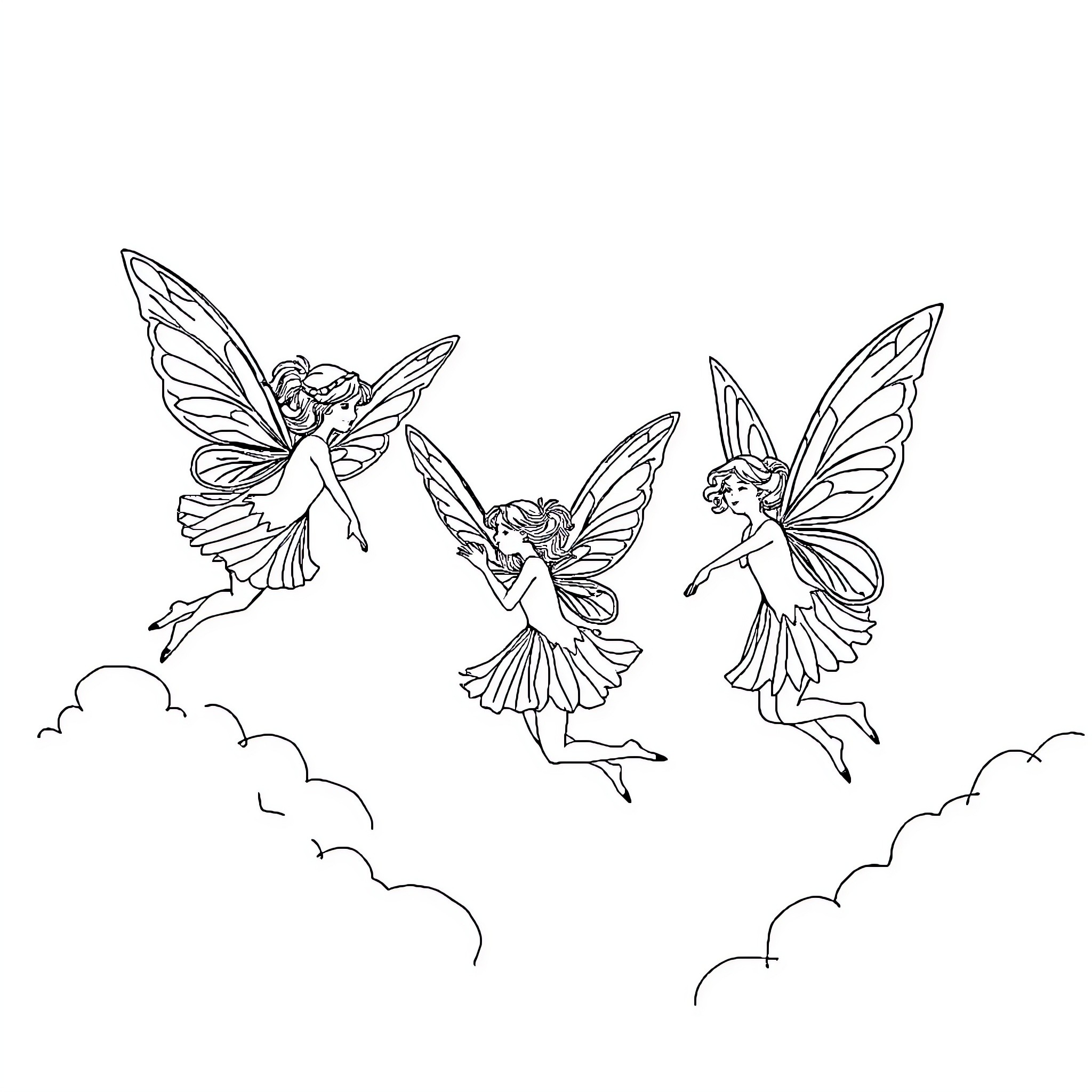 Fairy Sprites Dancing in the Clouds Coloring Page (free black-and-white line drawing printable PDF for all, from beginners to advanced learners, including children, teens, adults, and seniors)