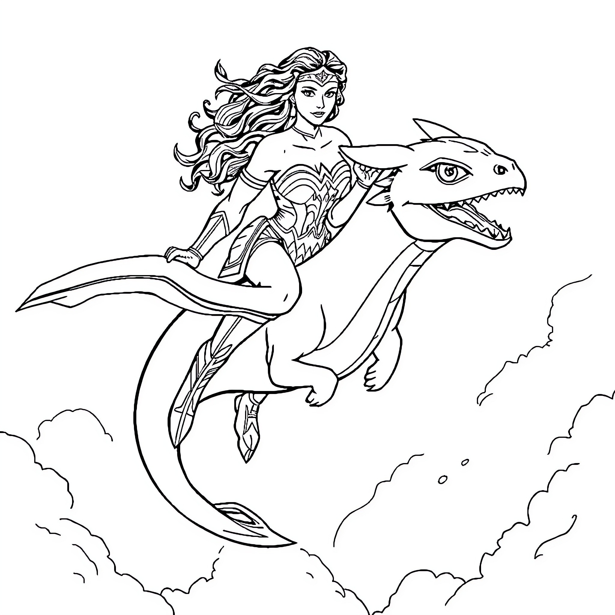Wonder Woman riding a mystical dragon in action Coloring Page (free black-and-white line drawing printable PDF for all, from beginners to advanced learners, including children, teens, adults, and seniors)