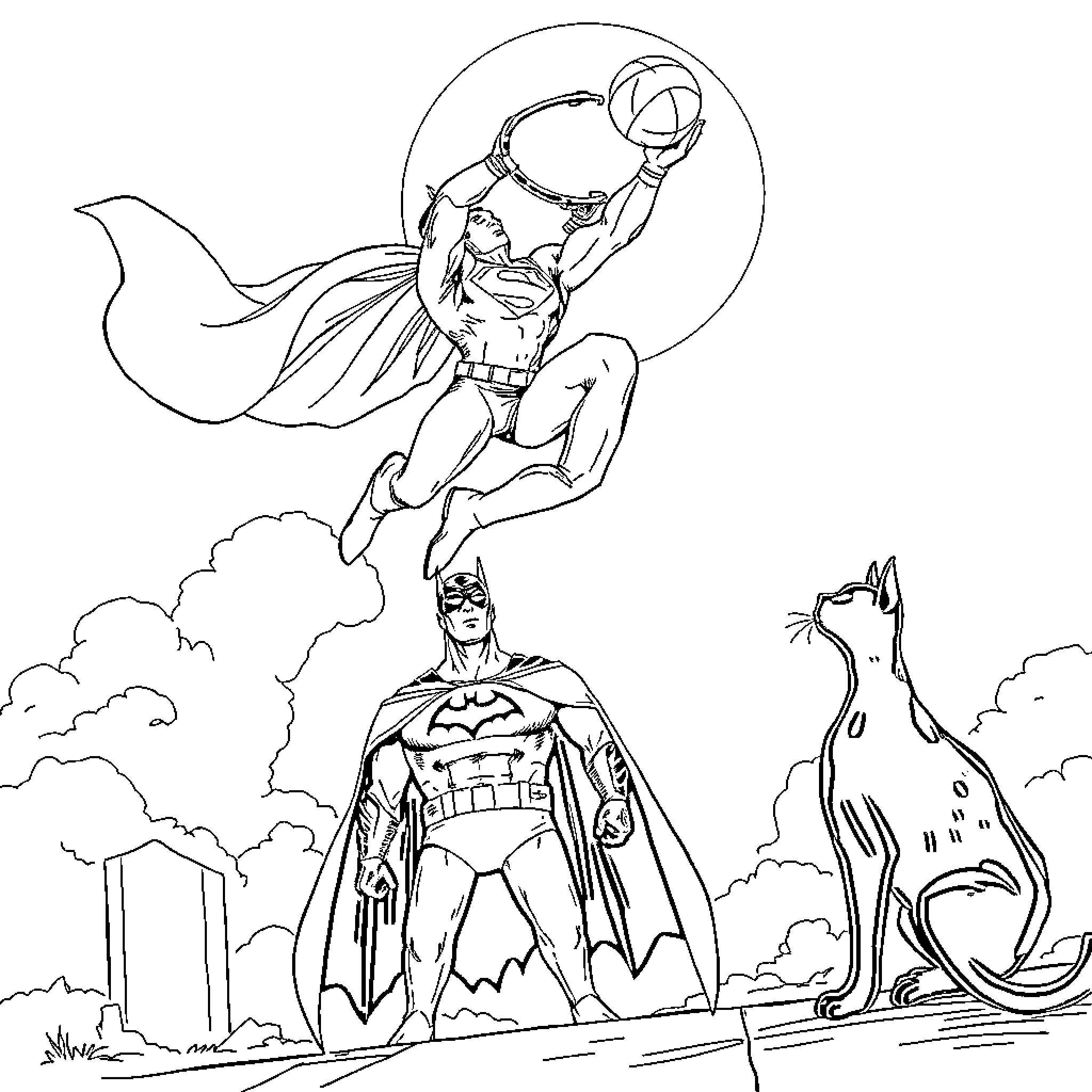 Superman Soaring High with Cat on the Ground Coloring Page (free black-and-white line drawing printable PDF for all, from beginners to advanced learners, including children, teens, adults, and seniors)