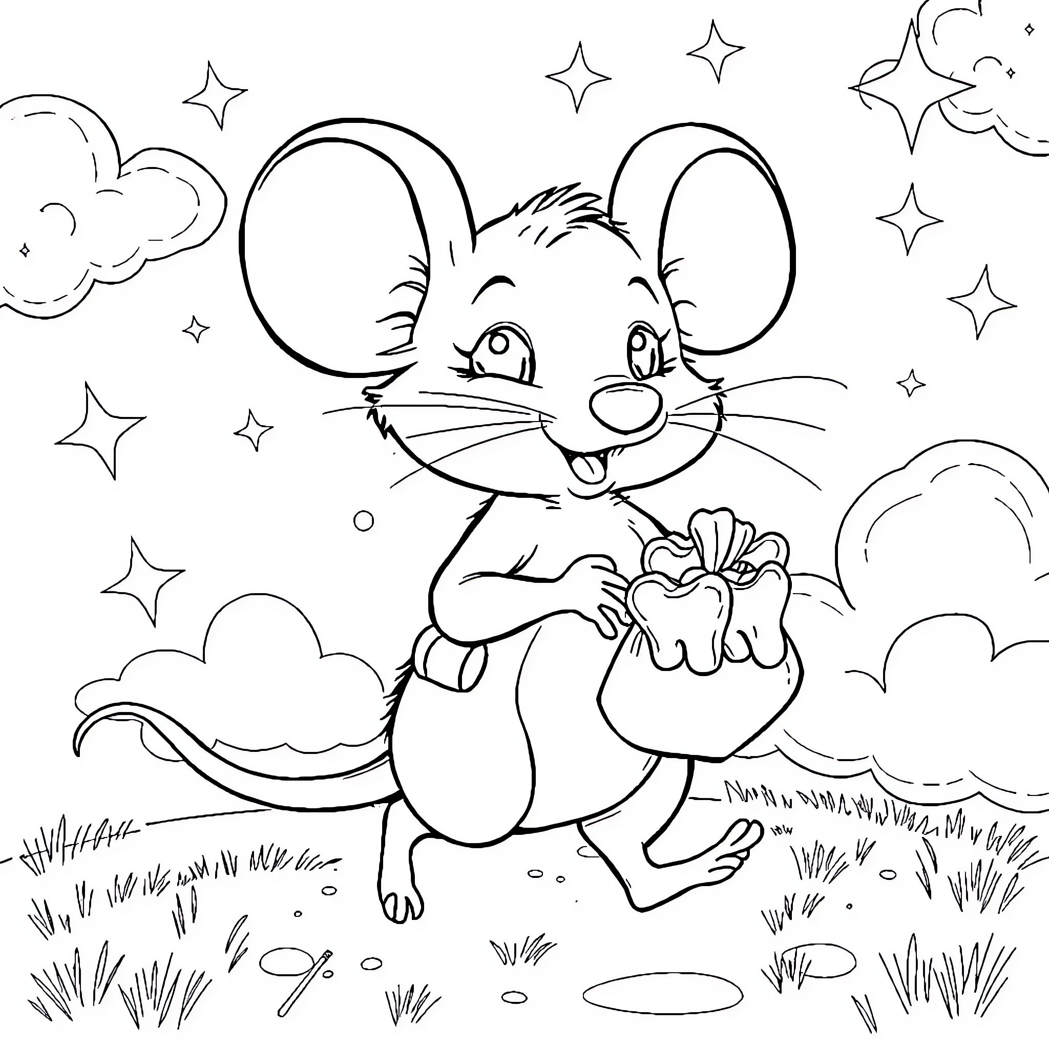 Mouse running excitedly with a flower in the meadow Coloring Page (free black-and-white line drawing printable PDF for all, from beginners to advanced learners, including children, teens, adults, and seniors)