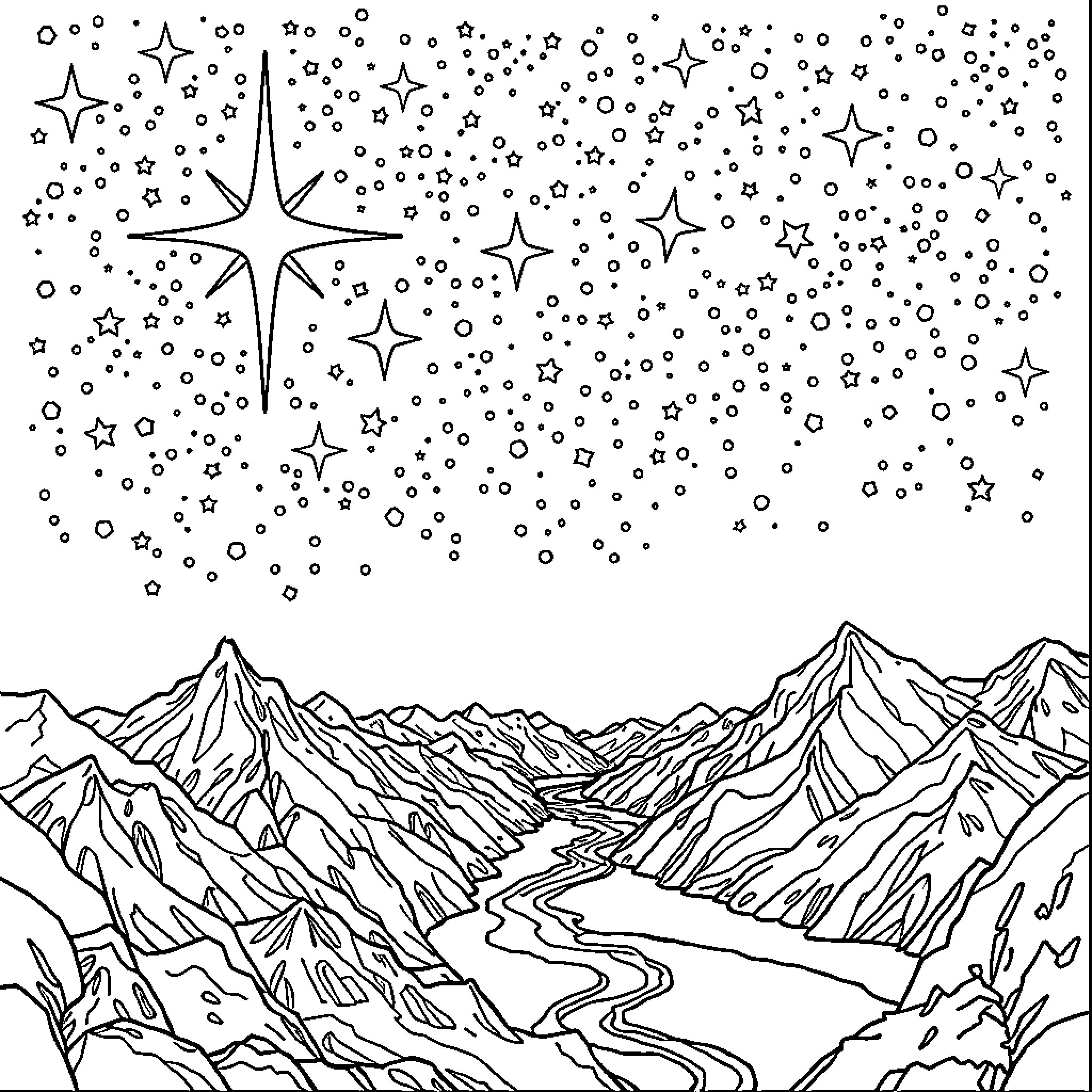 God's Celestial Landscape: Mountains, Stars, and Flowing Rivers Coloring Page (free black-and-white line drawing printable PDF for all, from beginners to advanced learners, including children, teens, adults, and seniors)