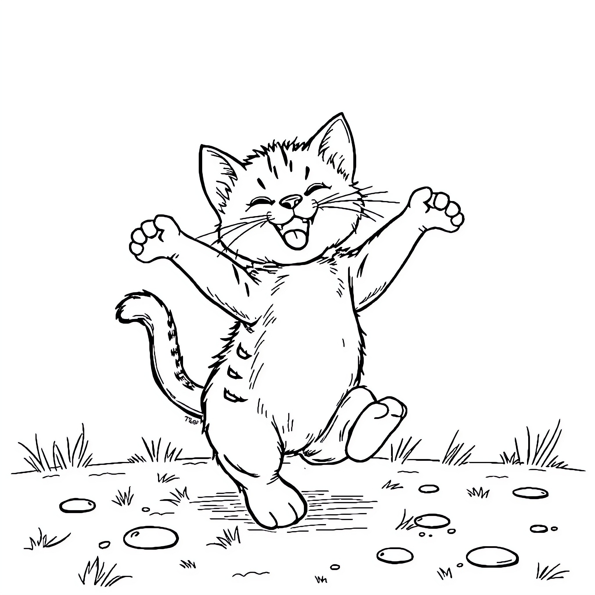 Kitten Happily Jumping in the Grass Coloring Page (free black-and-white line drawing printable PDF for all, from beginners to advanced learners, including children, teens, adults, and seniors)
