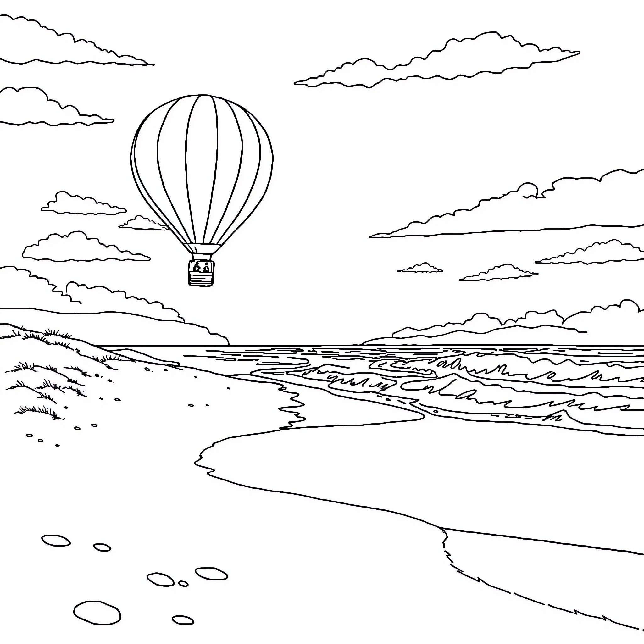 Hot Air Balloon Soaring Over Scenic Landscape Coloring Page (free black-and-white line drawing printable PDF for all, from beginners to advanced learners, including children, teens, adults, and seniors)