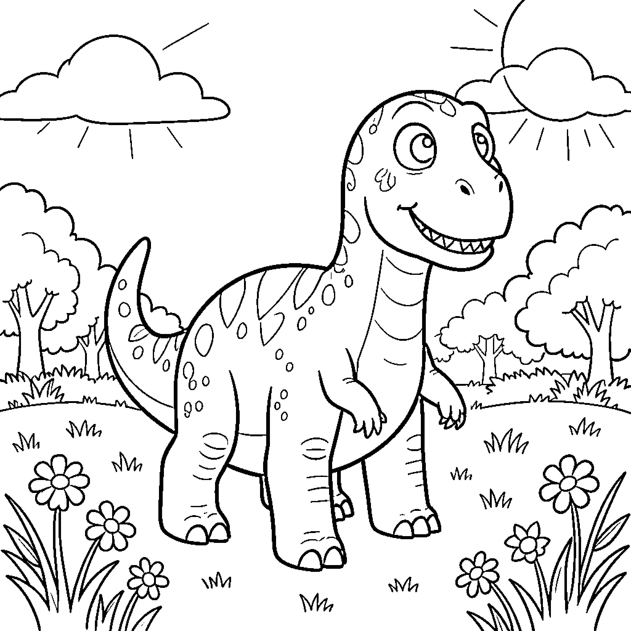 Dino enjoying a sunny day in the meadow Coloring Page (free black-and-white line drawing printable PDF for all, from beginners to advanced learners, including children, teens, adults, and seniors)