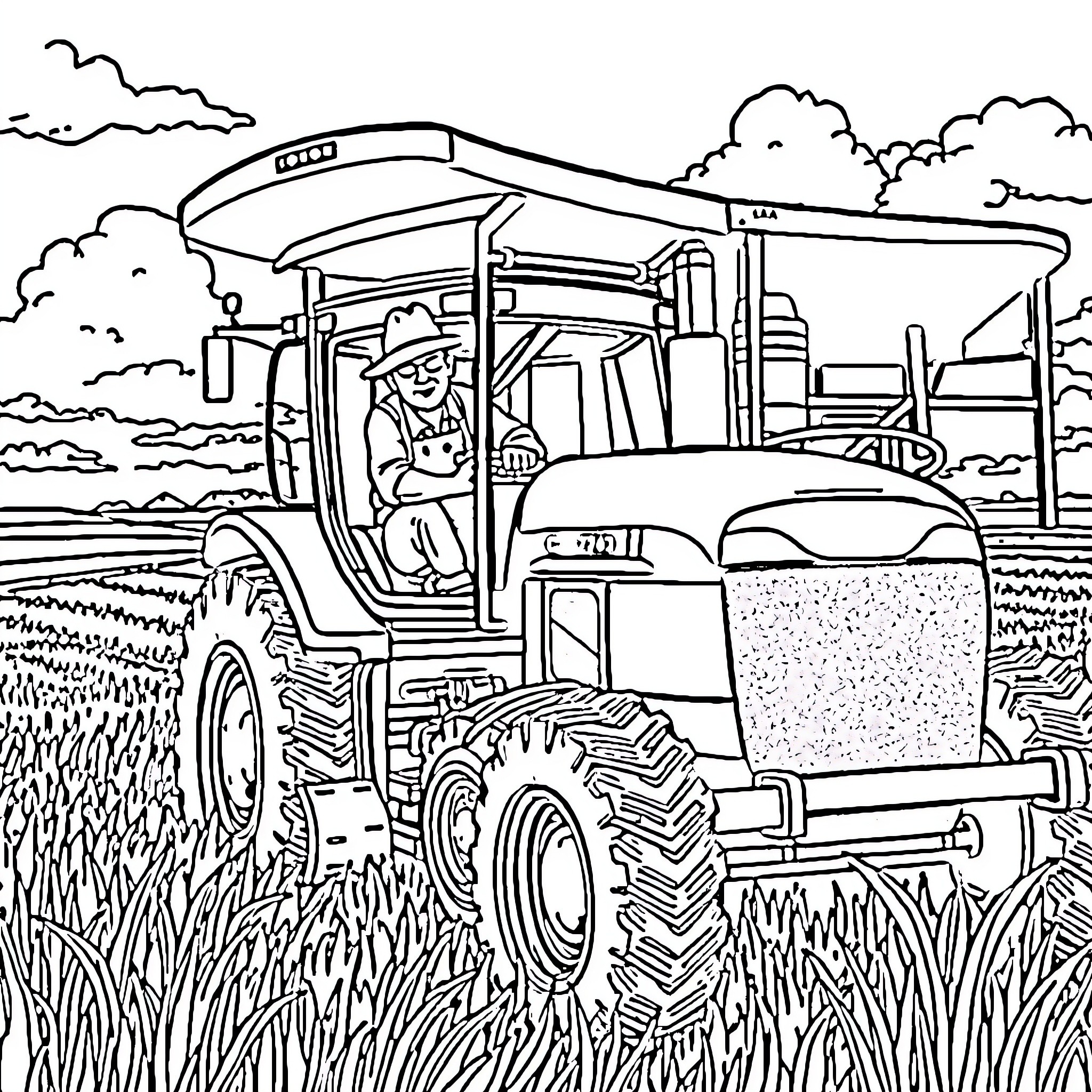 Farmer operating tractor in rural field Coloring Page (free black-and-white line drawing printable PDF for all, from beginners to advanced learners, including children, teens, adults, and seniors)