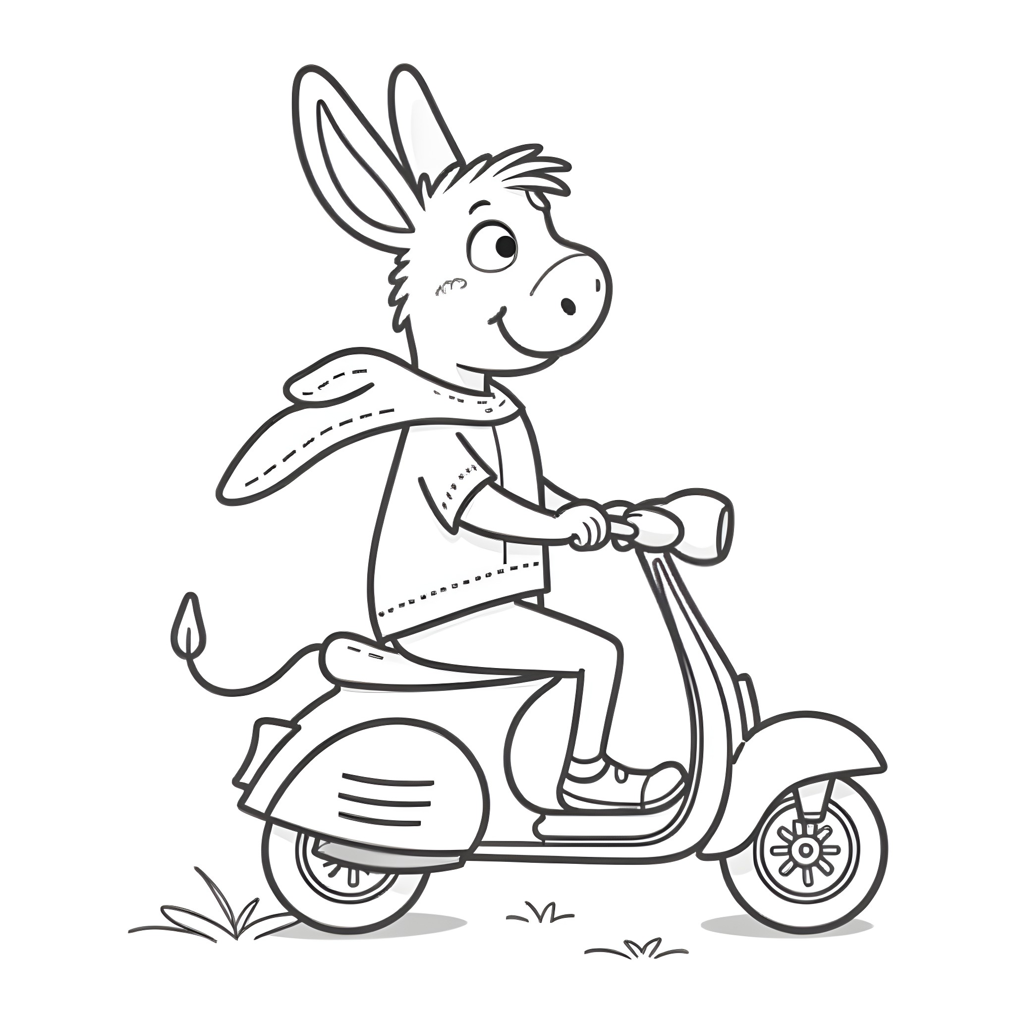 Donkey riding a scooter happily Coloring Page (free black-and-white line drawing printable PDF for all, from beginners to advanced learners, including children, teens, adults, and seniors)