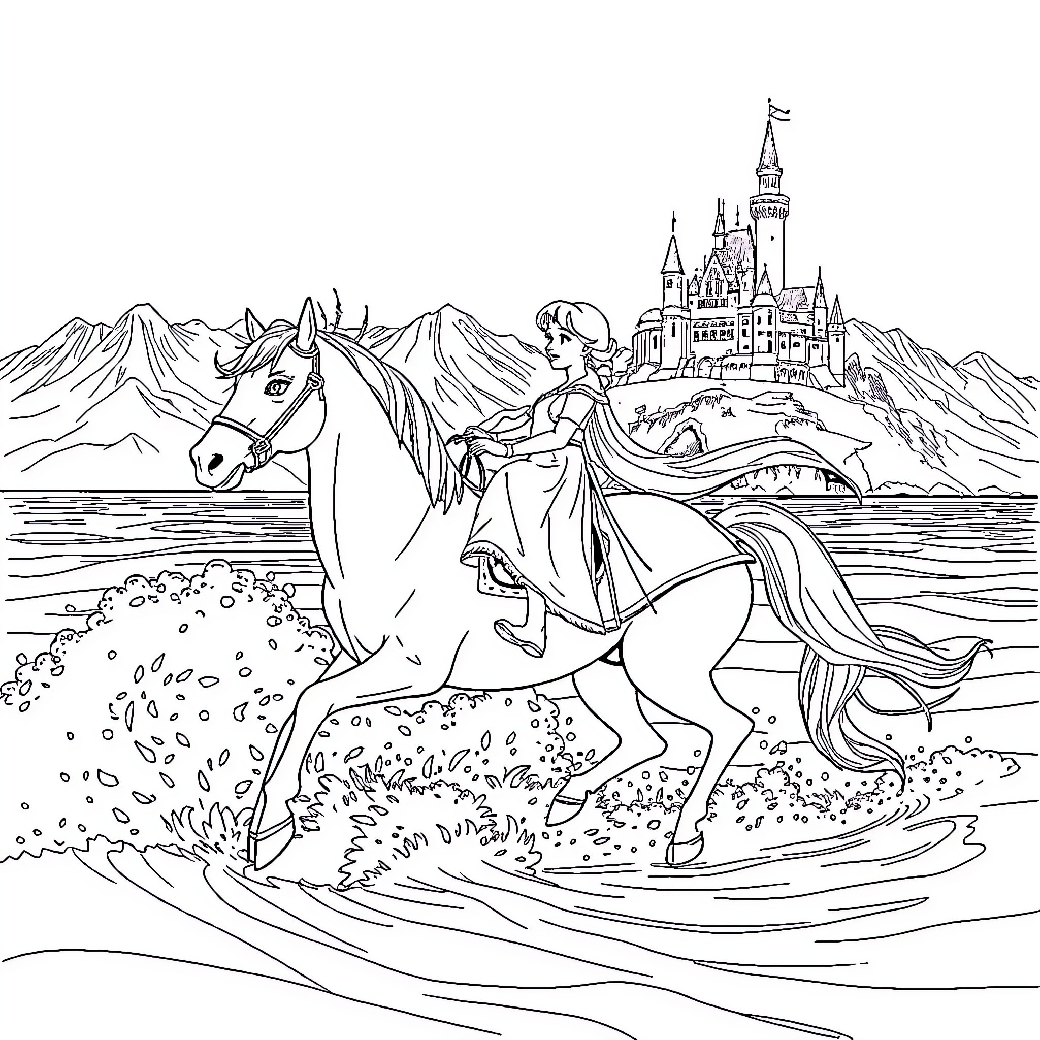 Elsa riding a horse by the castle Coloring Page (free black-and-white line drawing printable PDF for all, from beginners to advanced learners, including children, teens, adults, and seniors)