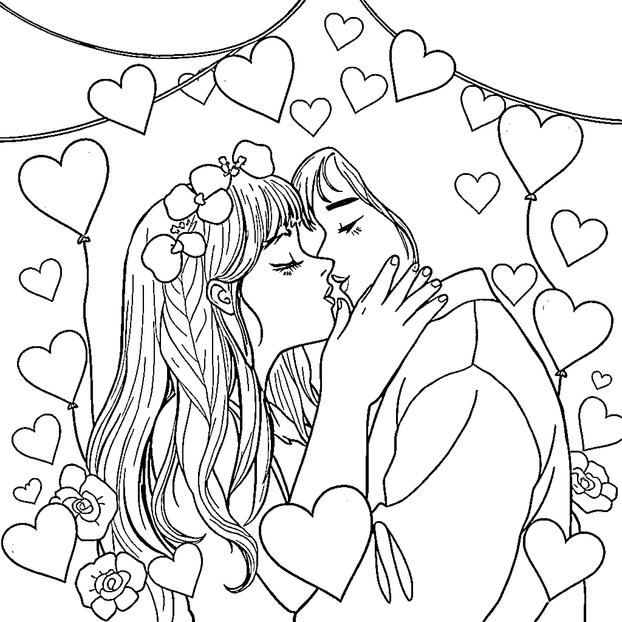 Billie Eilish in a romantic embrace surrounded by hearts Coloring Page (free black-and-white line drawing printable PDF for all, from beginners to advanced learners, including children, teens, adults, and seniors)