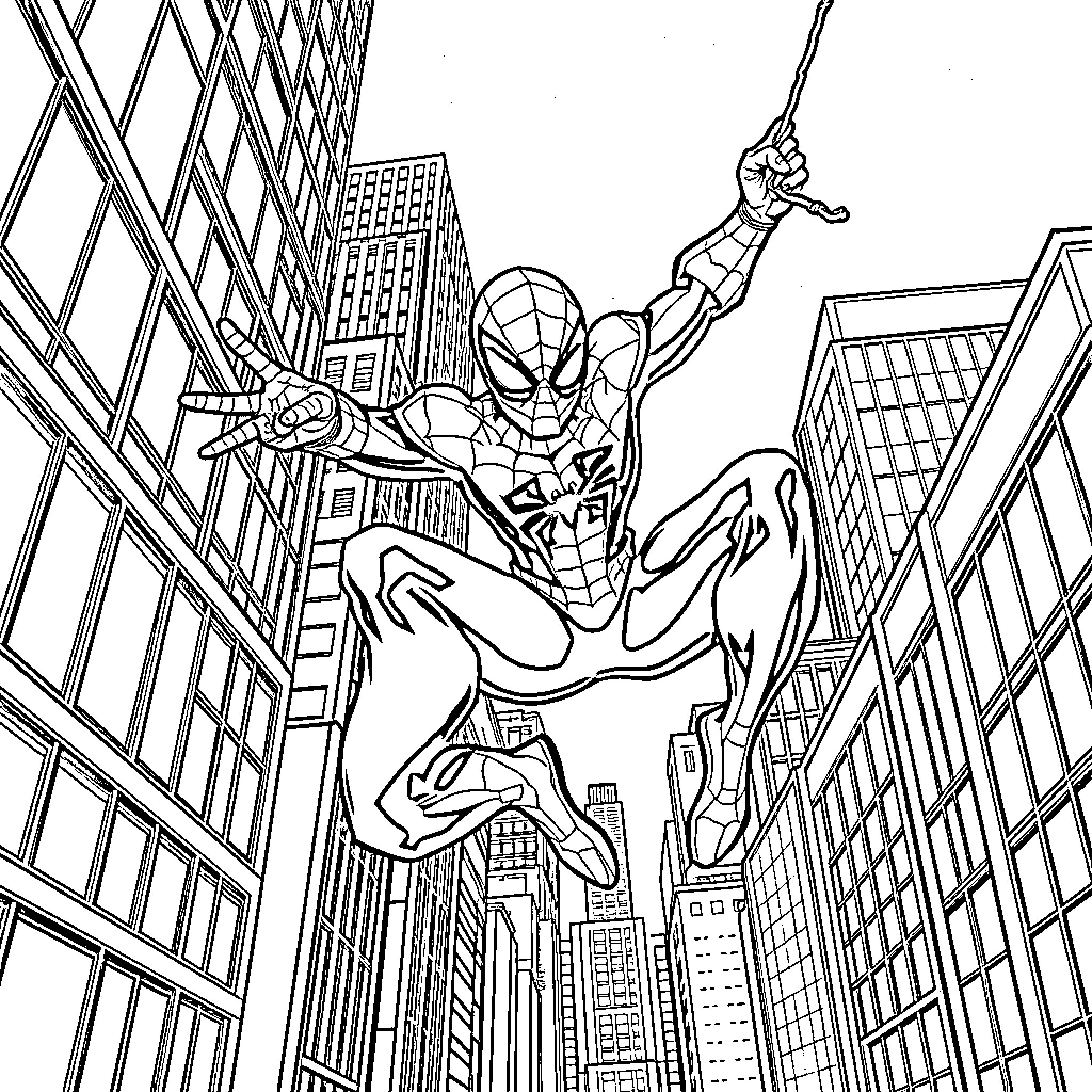 Spiderman swinging through the city skyline Coloring Page (free black-and-white line drawing printable PDF for all, from beginners to advanced learners, including children, teens, adults, and seniors)