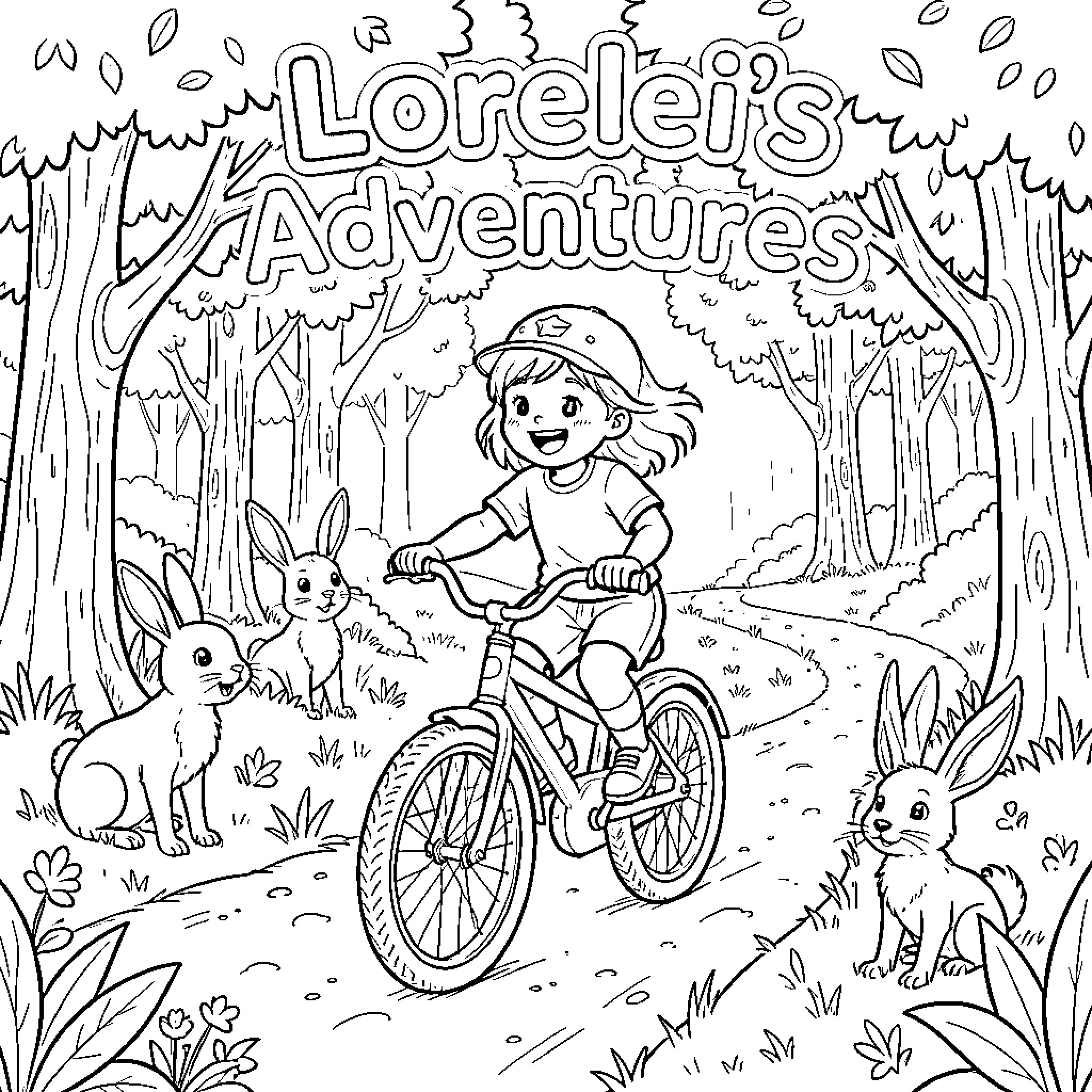 Girl Exploring the Forest on Bicycle Coloring Page (free black-and-white line drawing printable PDF for all, from beginners to advanced learners, including children, teens, adults, and seniors)
