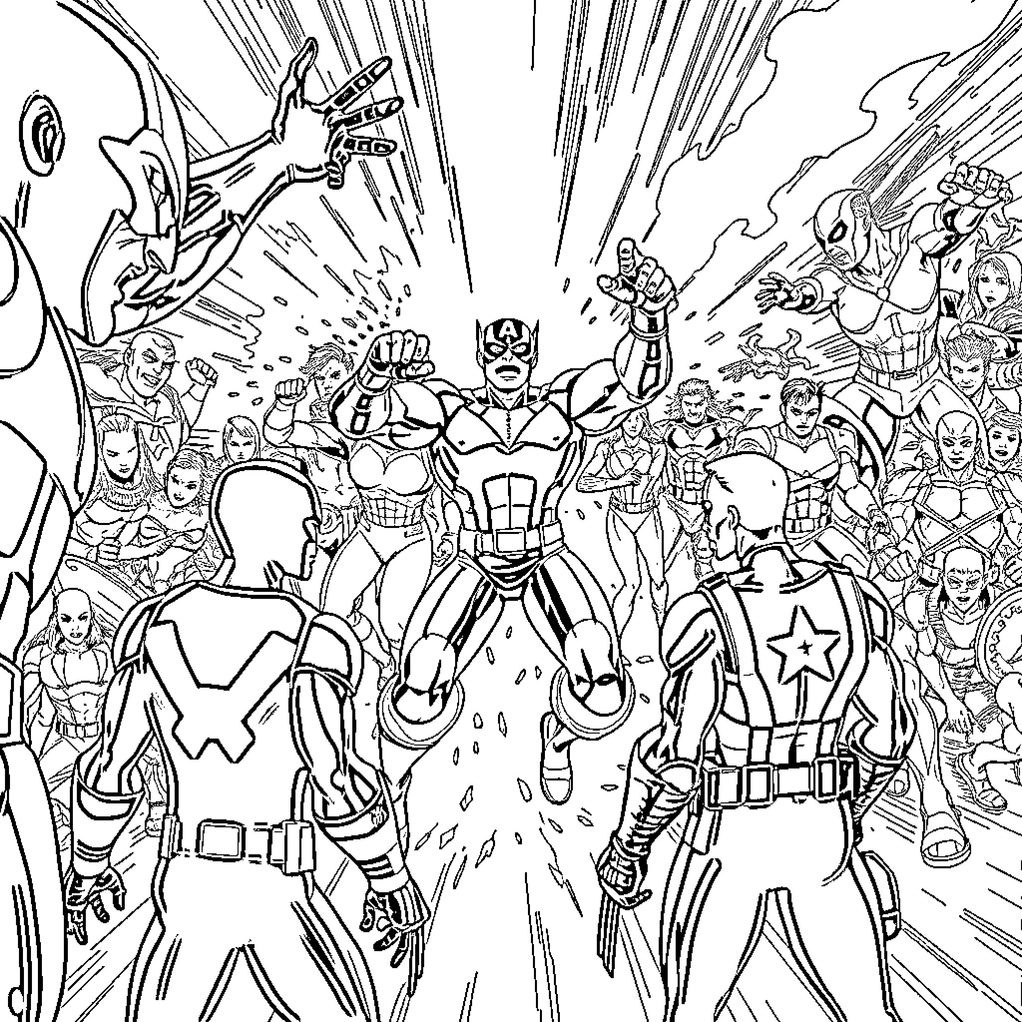 Avenger superheroes assembling in action-packed battle Coloring Page (free black-and-white line drawing printable PDF for all, from beginners to advanced learners, including children, teens, adults, and seniors)
