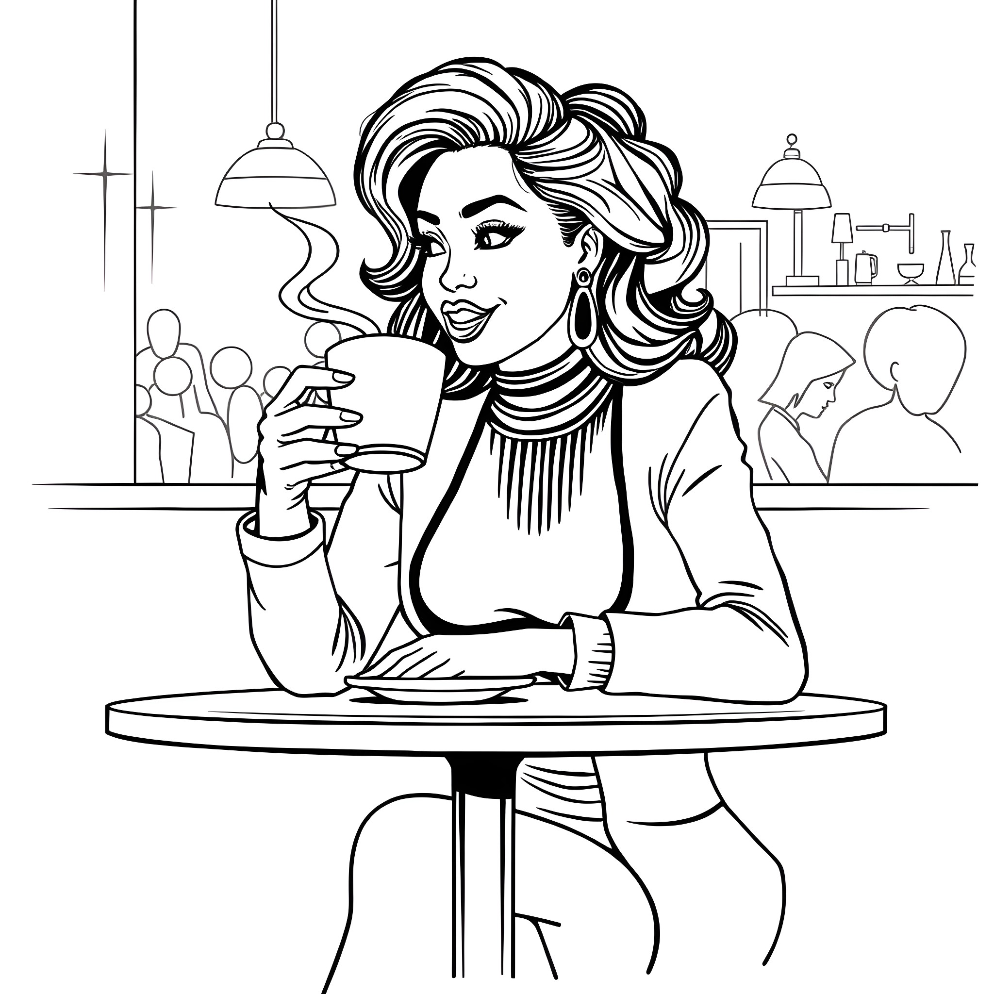 Black Female Enjoying a Drink at the Cafe Coloring Page (free black-and-white line drawing printable PDF for all, from beginners to advanced learners, including children, teens, adults, and seniors)