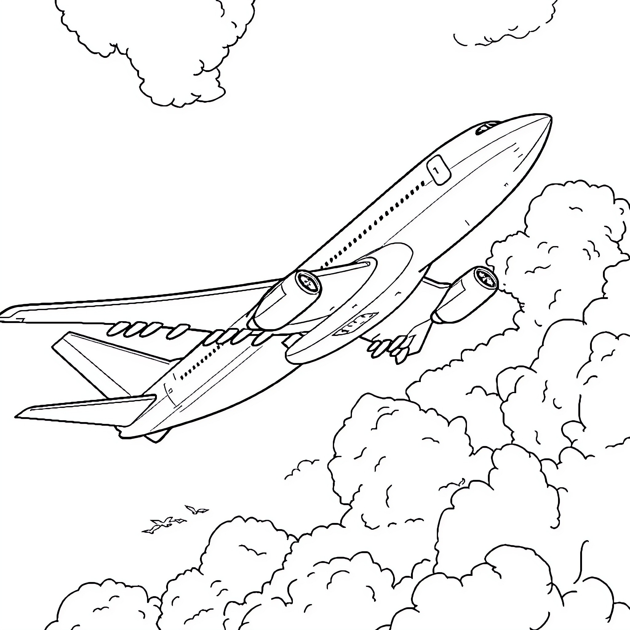 Jumbo Rocket Soaring Through Cloudy Skies Coloring Page (free black-and-white line drawing printable PDF for all, from beginners to advanced learners, including children, teens, adults, and seniors)