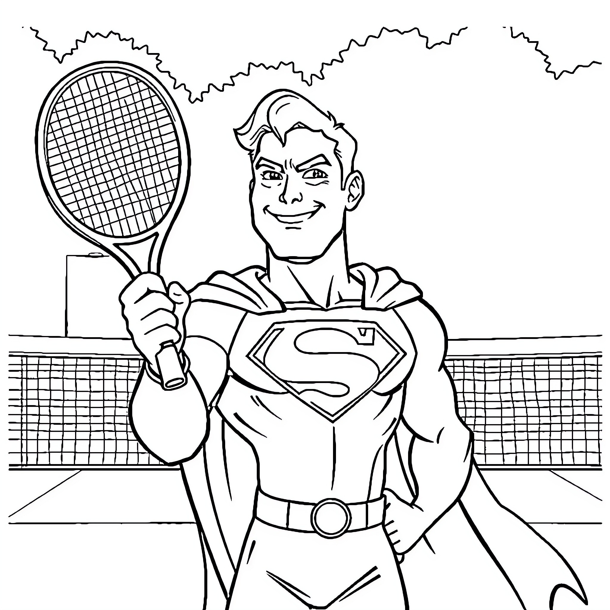 Superman playing tennis on the court Coloring Page (free black-and-white line drawing printable PDF for all, from beginners to advanced learners, including children, teens, adults, and seniors)