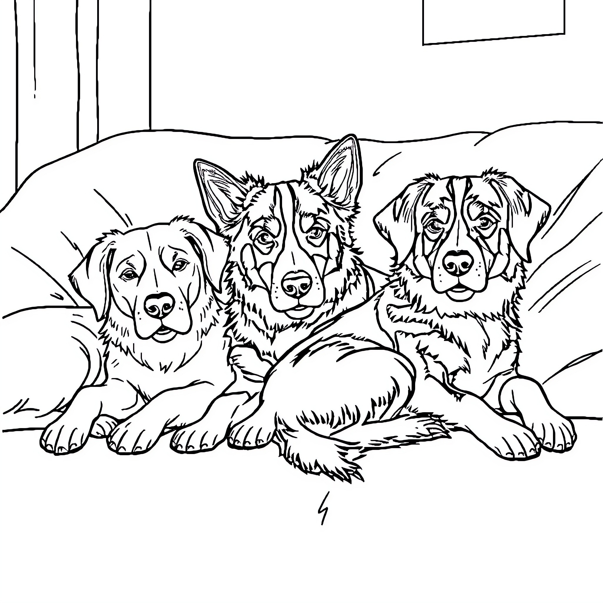 Dog Trio Relaxing Together Indoors Coloring Page (free black-and-white line drawing printable PDF for all, from beginners to advanced learners, including children, teens, adults, and seniors)