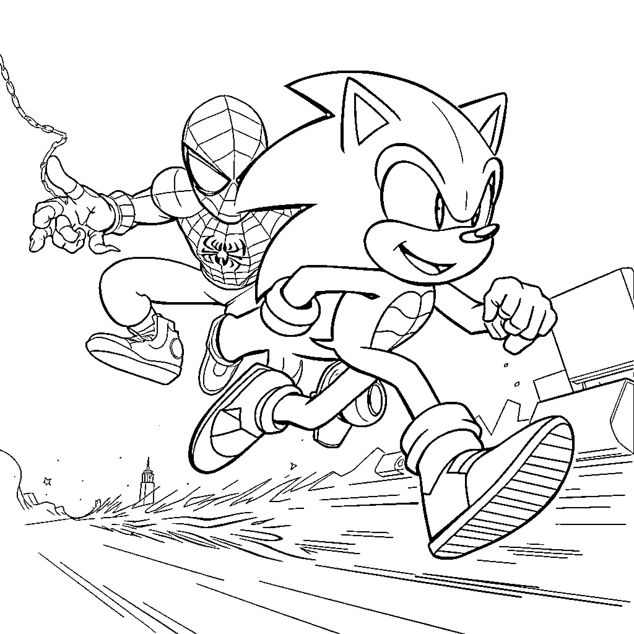Sonic and Spider-Man racing together in action Coloring Page (free black-and-white line drawing printable PDF for all, from beginners to advanced learners, including children, teens, adults, and seniors)