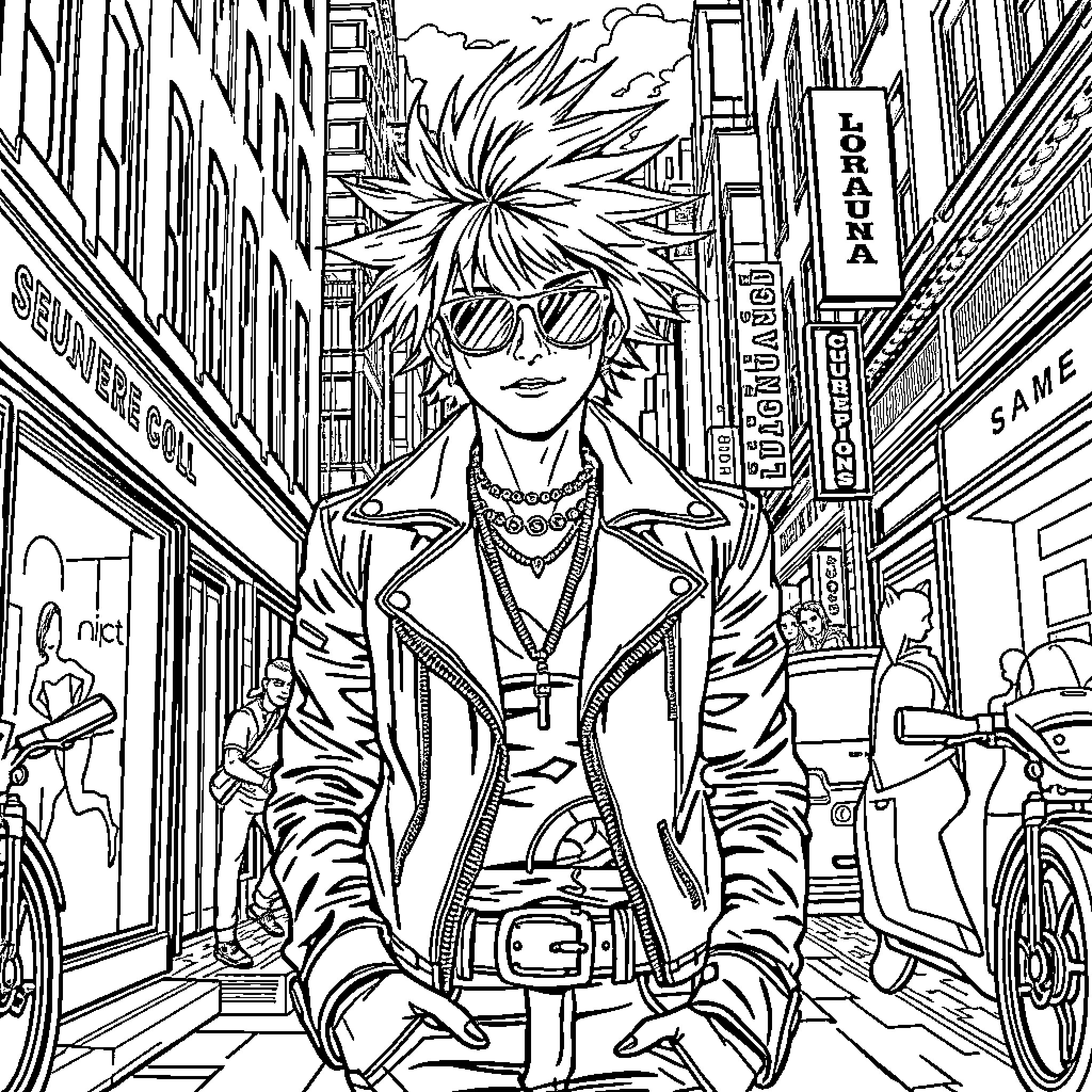 Punk Rocker Traversing the City Streets Coloring Page (free black-and-white line drawing printable PDF for all, from beginners to advanced learners, including children, teens, adults, and seniors)