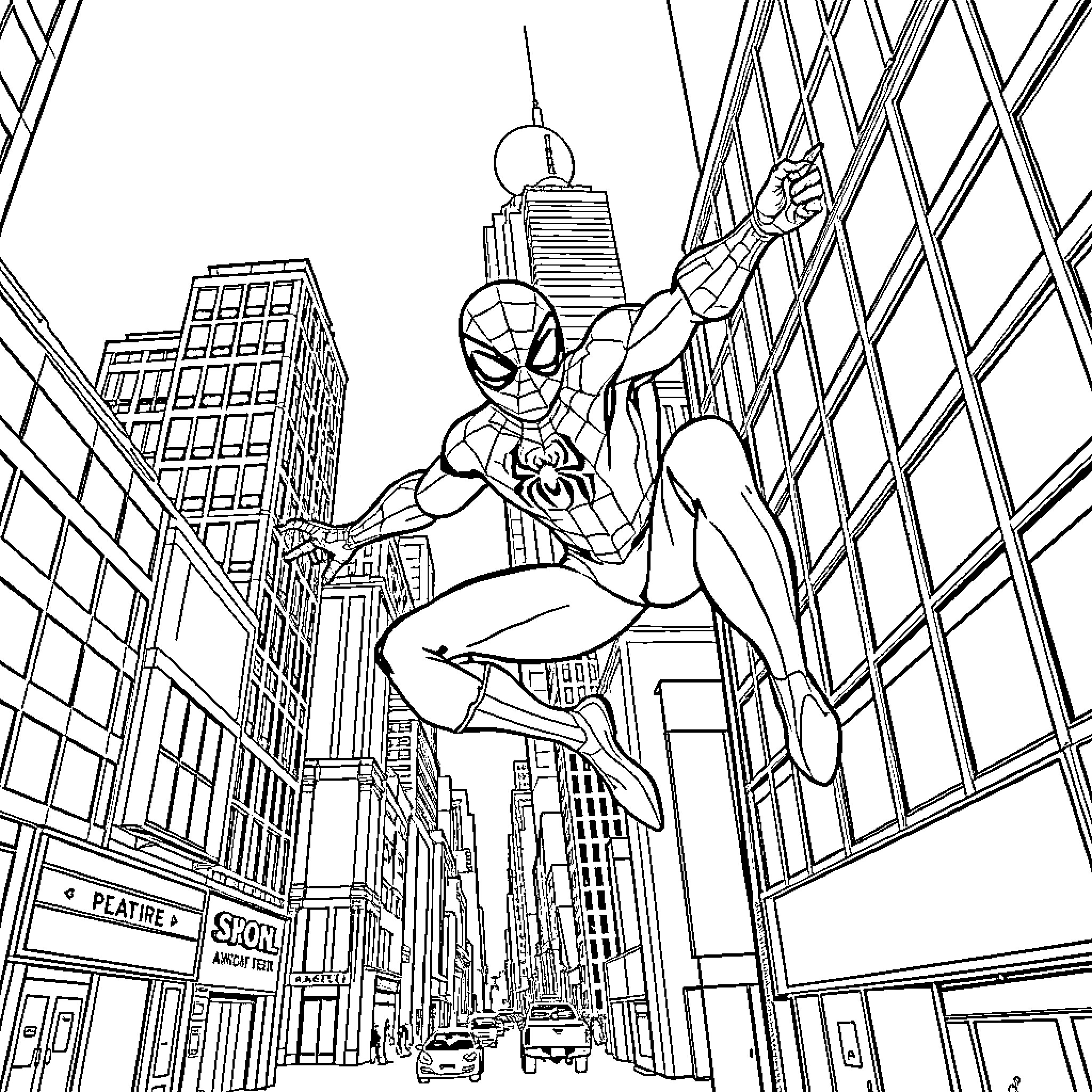 Spiderman swinging through the city streets Coloring Page (free black-and-white line drawing printable PDF for all, from beginners to advanced learners, including children, teens, adults, and seniors)