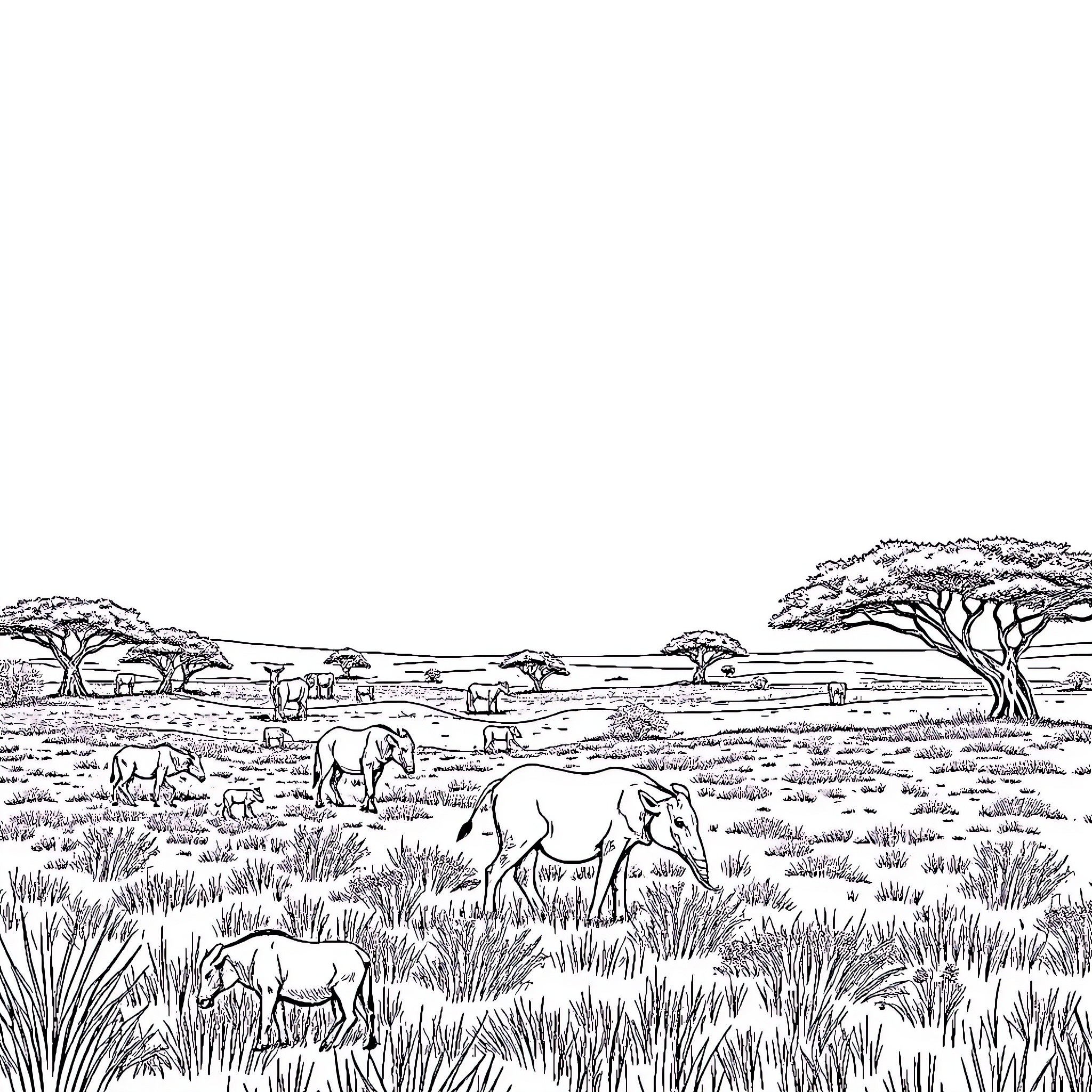 Animal herd grazing peacefully in natural landscape Coloring Page (free black-and-white line drawing printable PDF for all, from beginners to advanced learners, including children, teens, adults, and seniors)