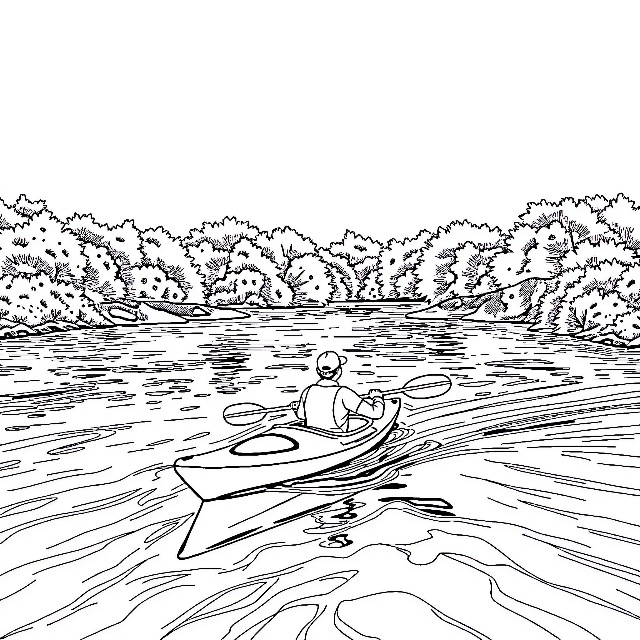 Kayak paddling on serene lake surrounded by lush foliage Coloring Page (free black-and-white line drawing printable PDF for all, from beginners to advanced learners, including children, teens, adults, and seniors)
