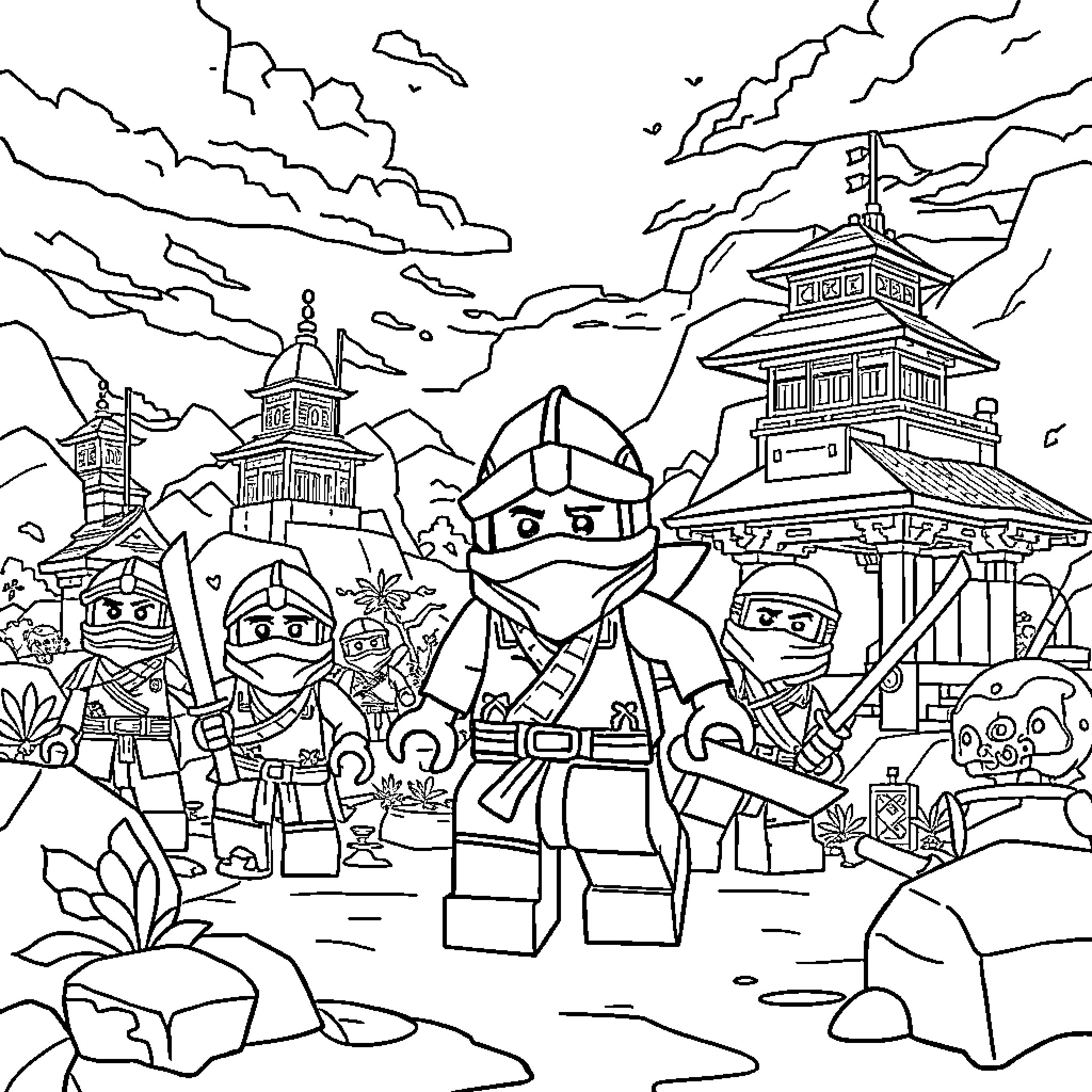 Ninjago ninjas in action amidst temple scenery Coloring Page (free black-and-white line drawing printable PDF for all, from beginners to advanced learners, including children, teens, adults, and seniors)