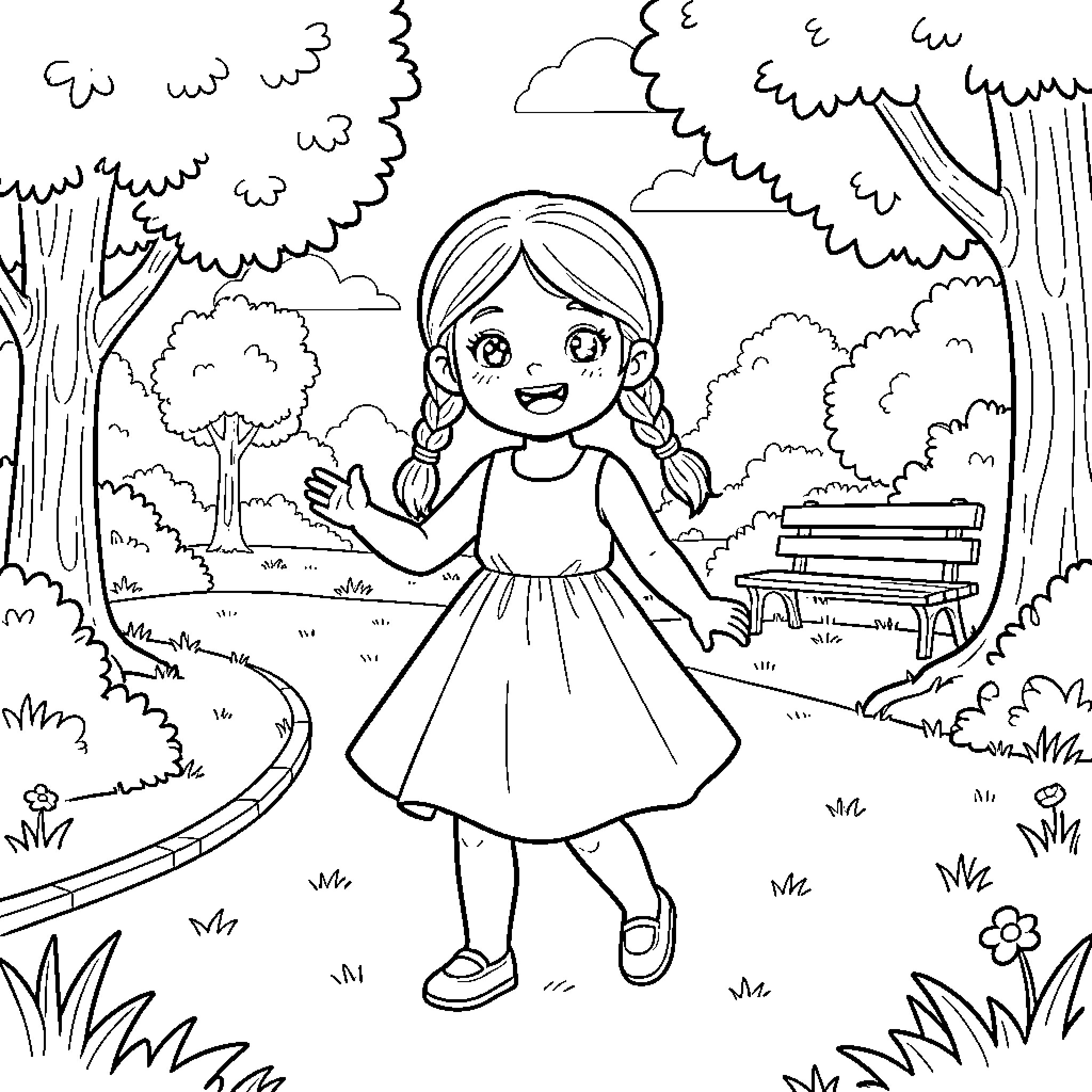 Girl enjoying the outdoors in a park Coloring Page (free black-and-white line drawing printable PDF for all, from beginners to advanced learners, including children, teens, adults, and seniors)