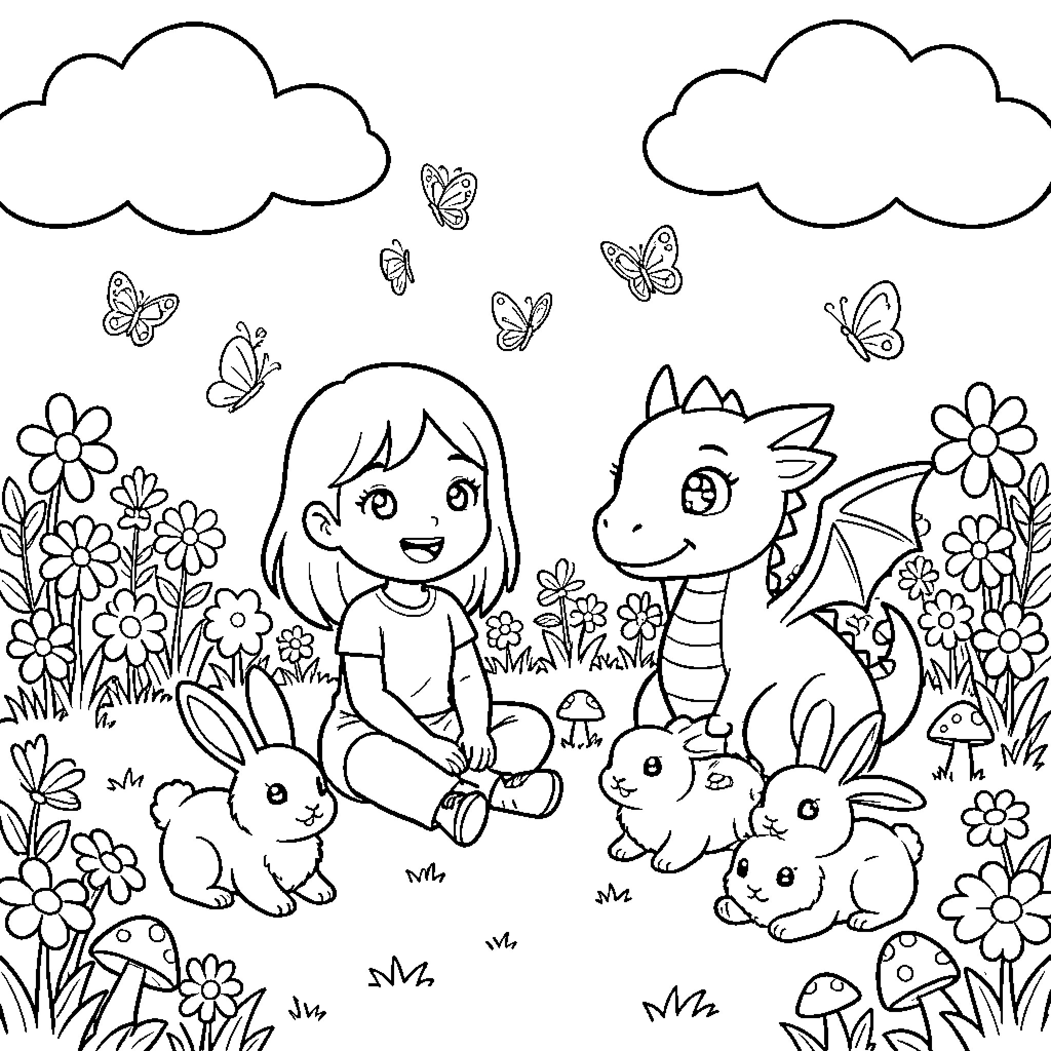 Girl playing with magical creatures in a flower-filled meadow Coloring Page (free black-and-white line drawing printable PDF for all, from beginners to advanced learners, including children, teens, adults, and seniors)