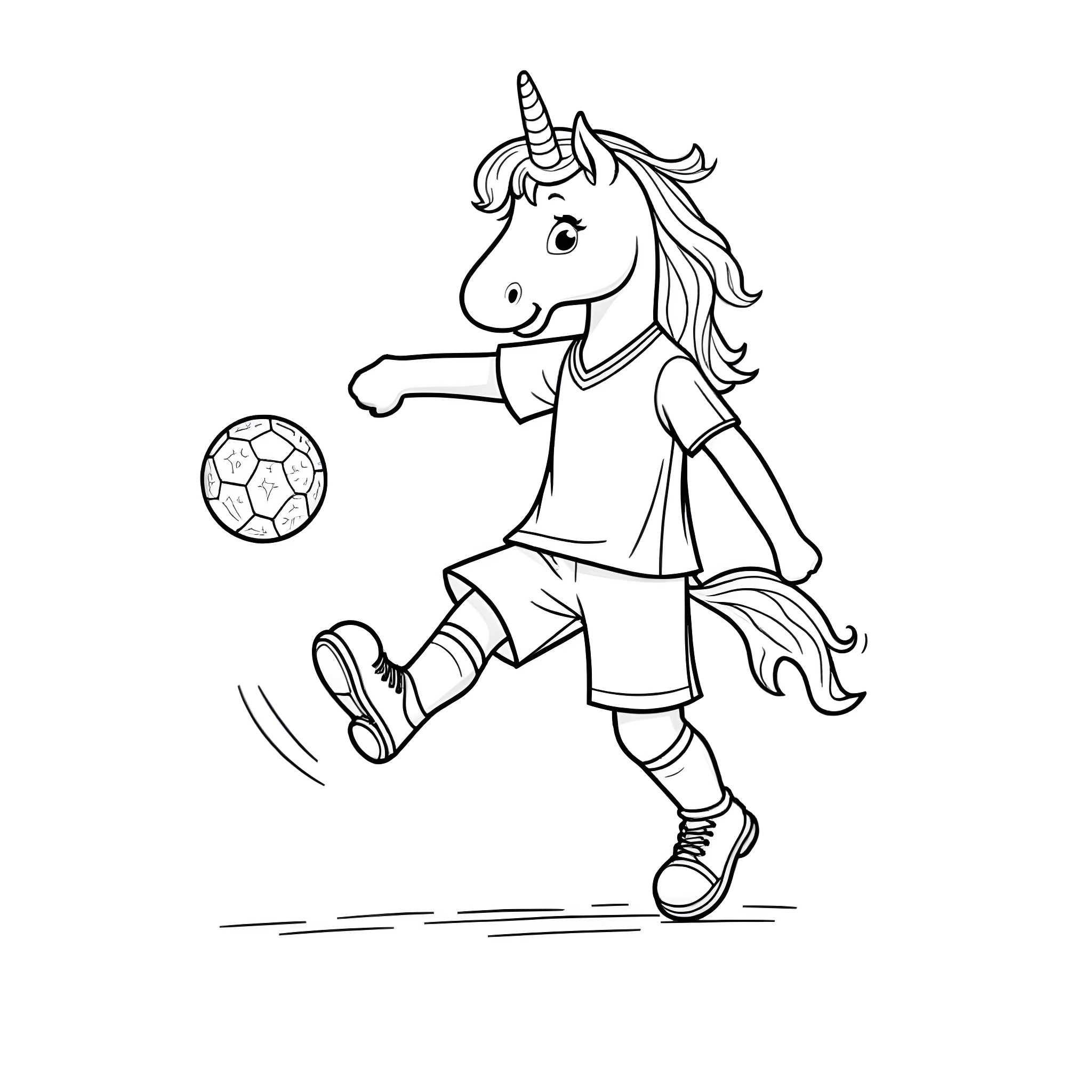 Unicorn Playing Soccer Joyfully Coloring Page (free black-and-white line drawing printable PDF for all, from beginners to advanced learners, including children, teens, adults, and seniors)