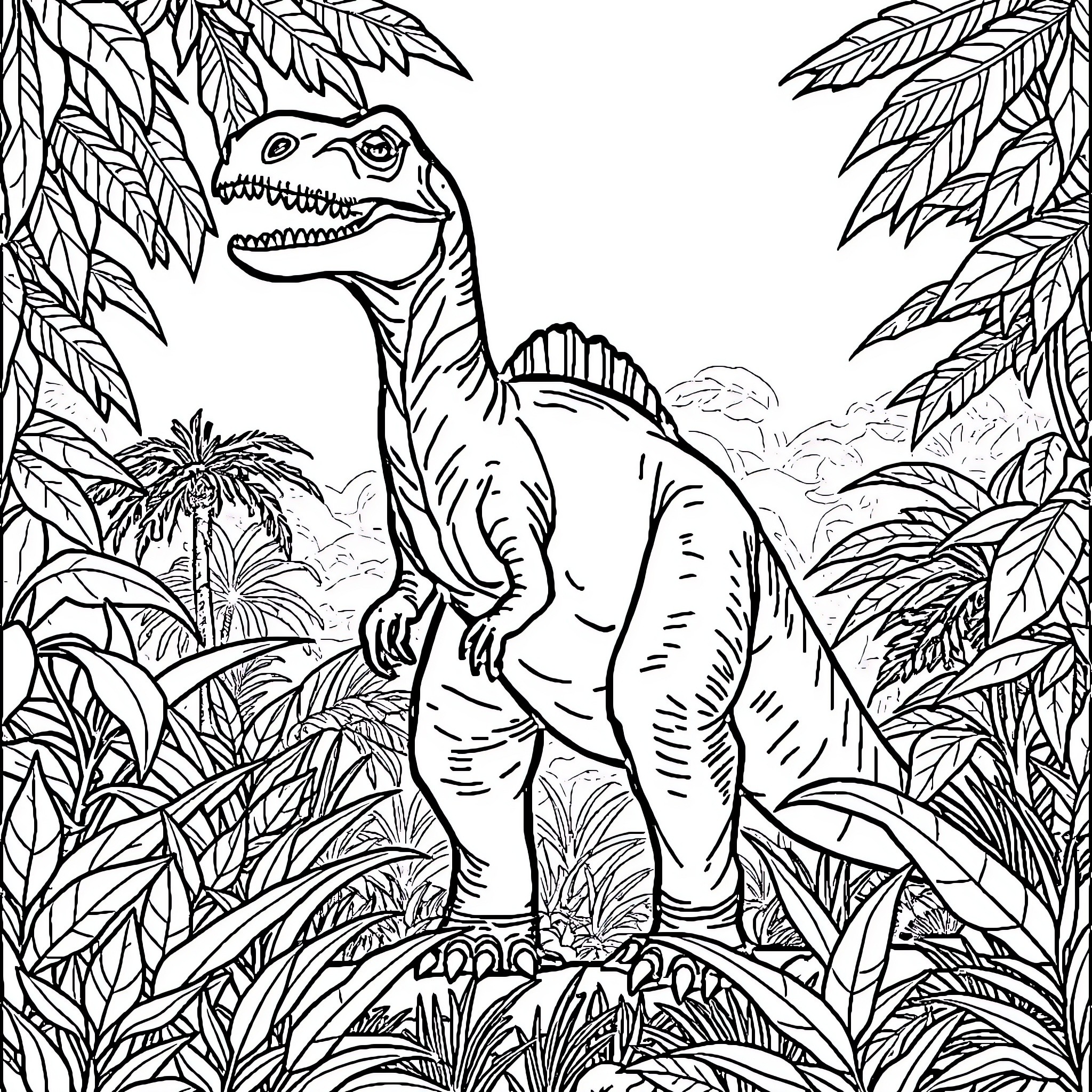 Dinosaur roaming through lush jungle foliage Coloring Page (free black-and-white line drawing printable PDF for all, from beginners to advanced learners, including children, teens, adults, and seniors)