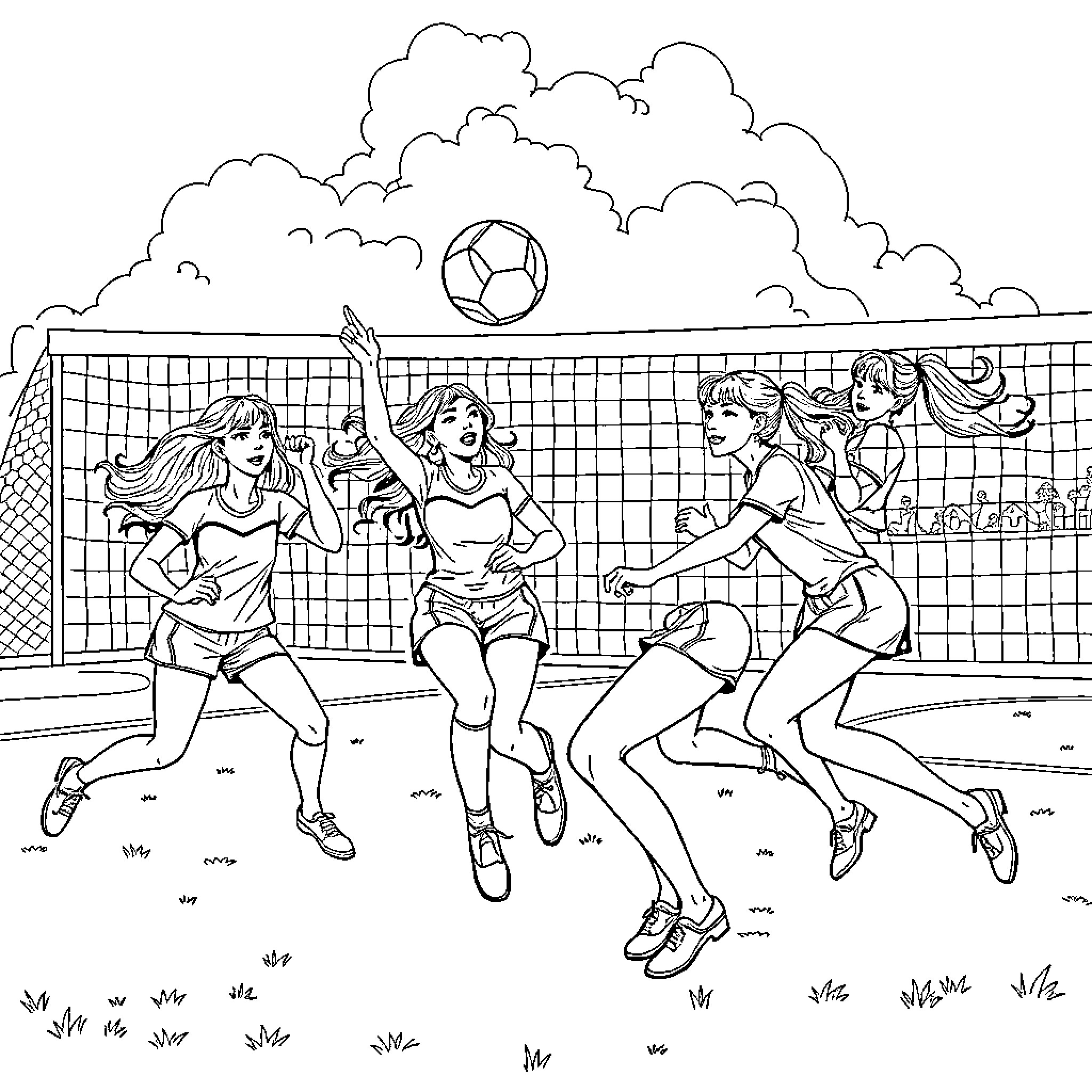 Kpop Girls Playing Beach Volleyball Coloring Page (free black-and-white line drawing printable PDF for all, from beginners to advanced learners, including children, teens, adults, and seniors)