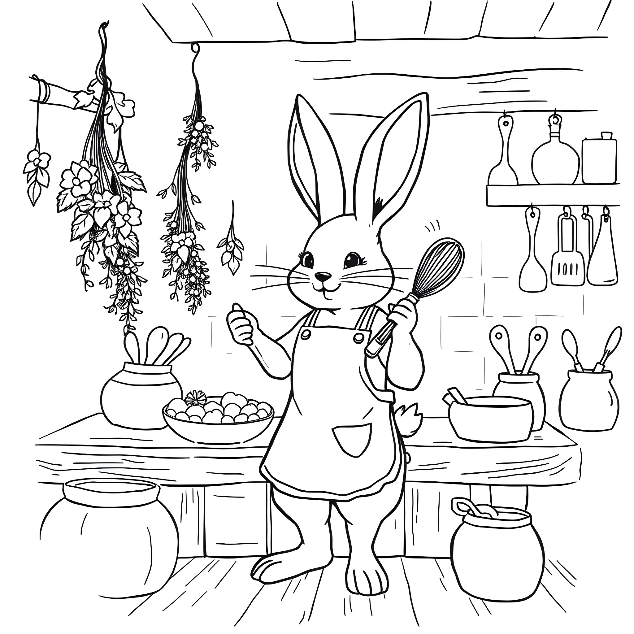 Bunny baking in the kitchen with cooking utensils Coloring Page (free black-and-white line drawing printable PDF for all, from beginners to advanced learners, including children, teens, adults, and seniors)