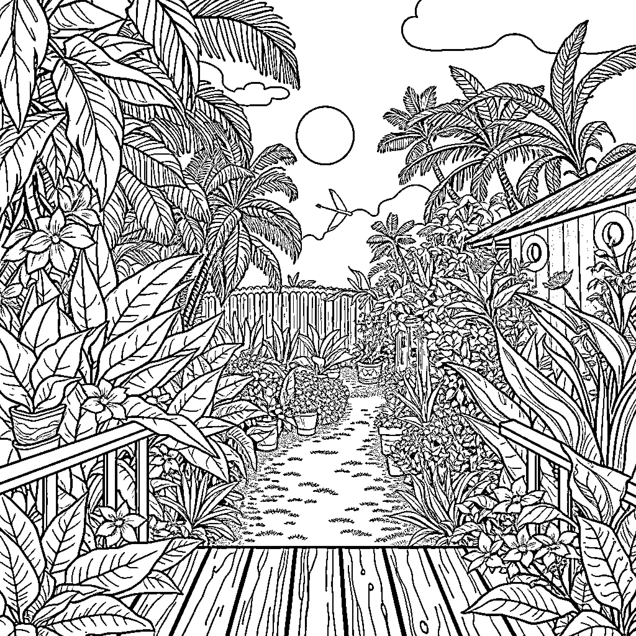 Backyard tropical garden path with lush plants Coloring Page (free black-and-white line drawing printable PDF for all, from beginners to advanced learners, including children, teens, adults, and seniors)