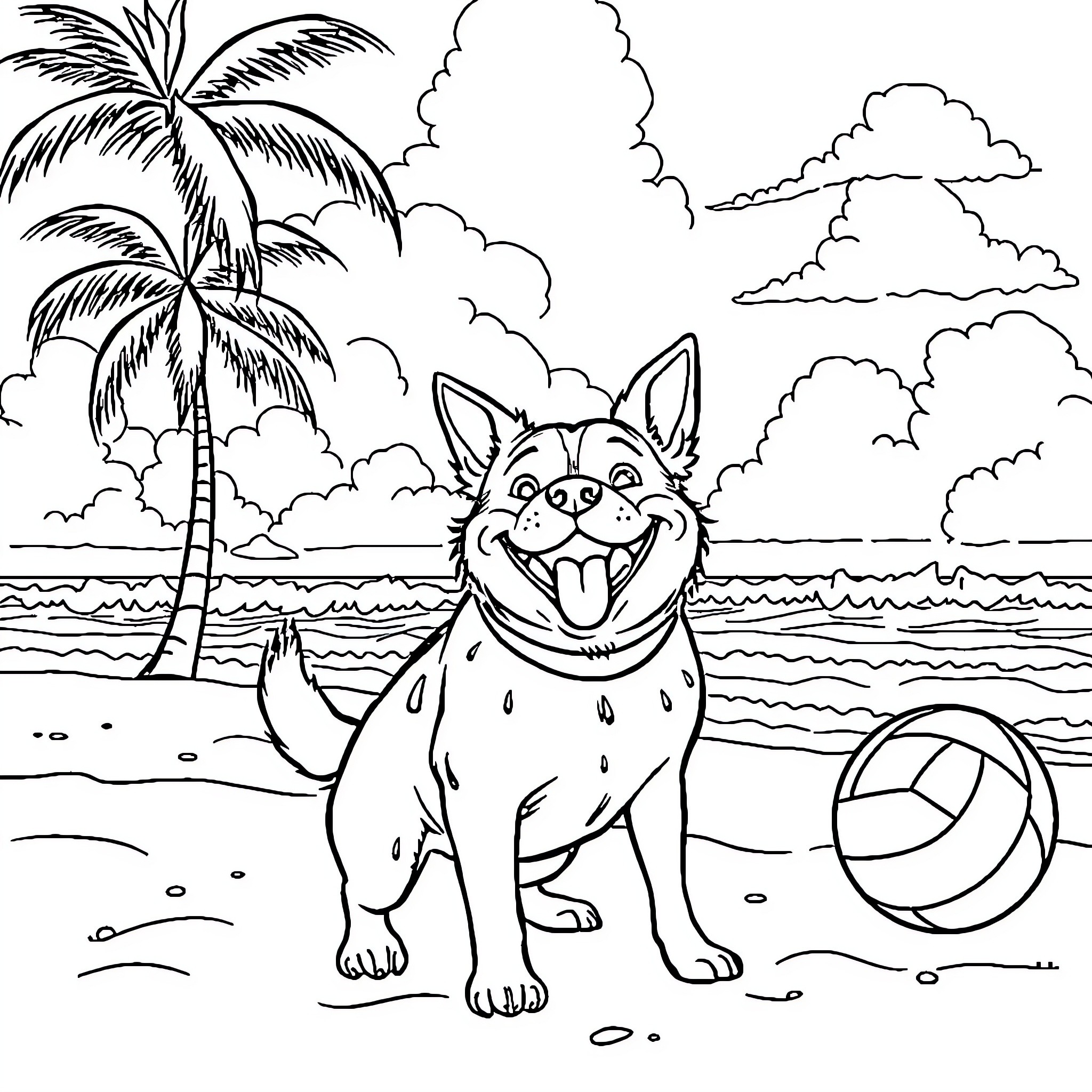 Catdog playing on the beach with a ball Coloring Page (free black-and-white line drawing printable PDF for all, from beginners to advanced learners, including children, teens, adults, and seniors)